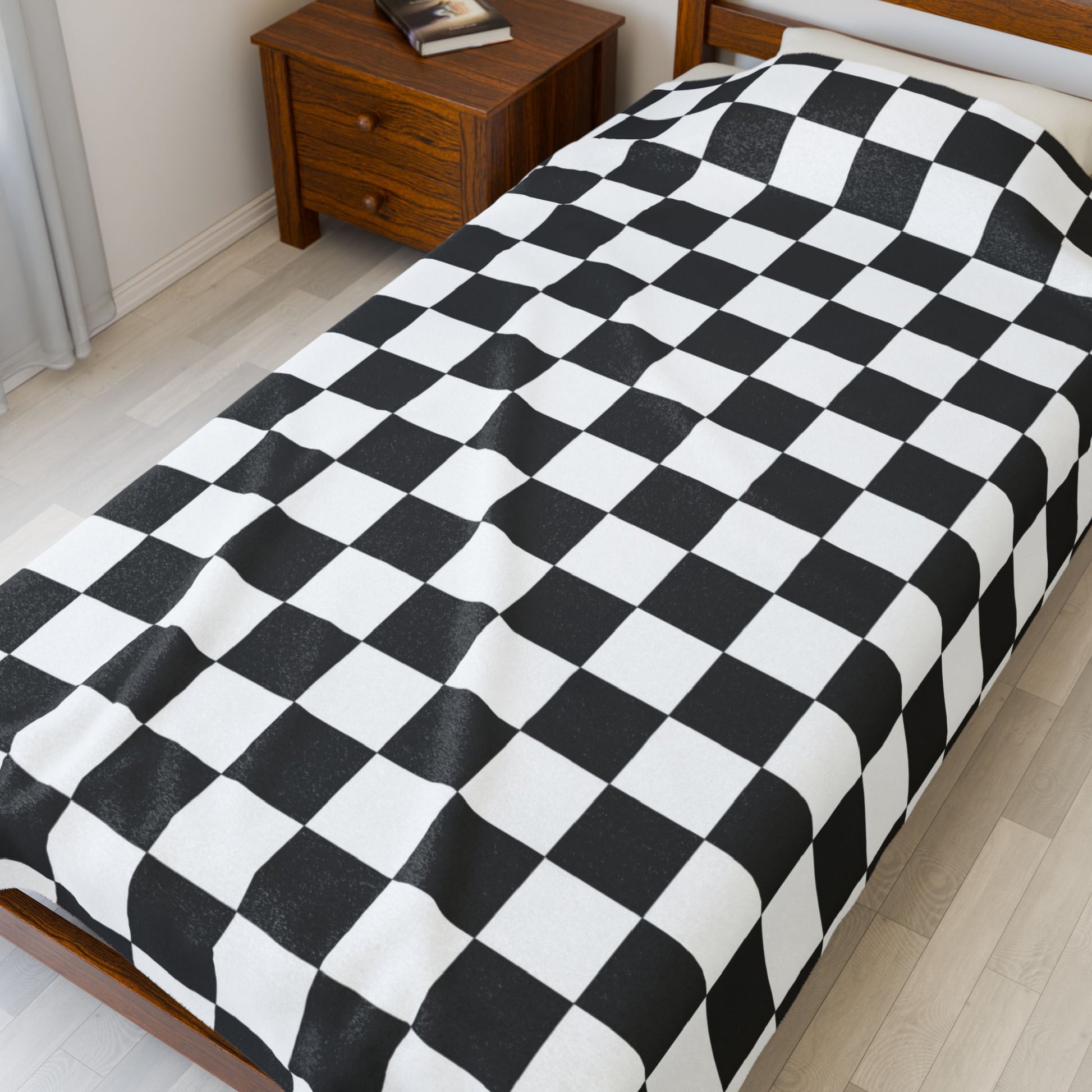 Checkerboard White and Black Velveteen Plush Blanket, Artsulli - Art is Long, Life is Short, All Over Prints, , , , , , , 