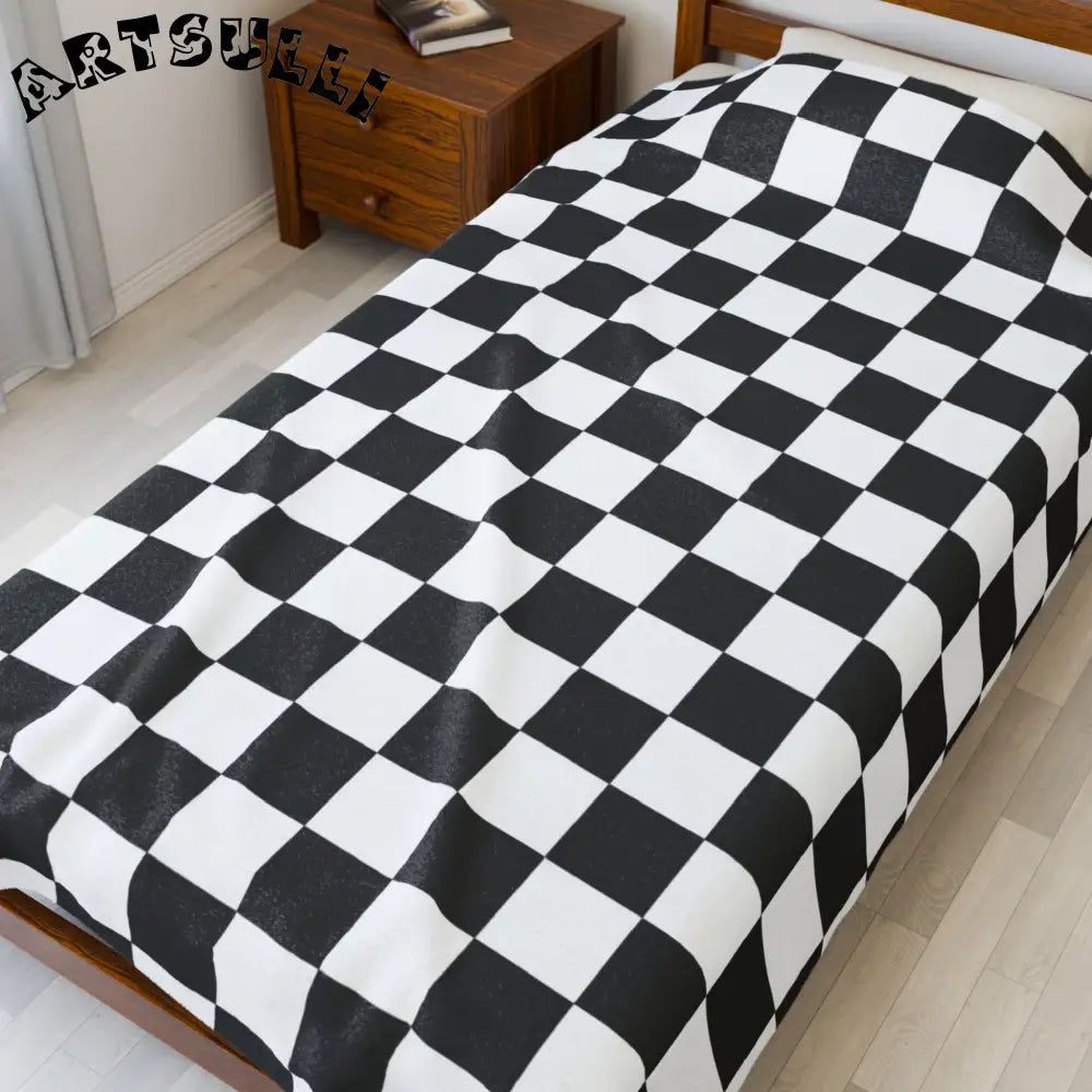 JAKKOUTTHEBXX Checkerboard White and Black Velveteen Plush Blanket