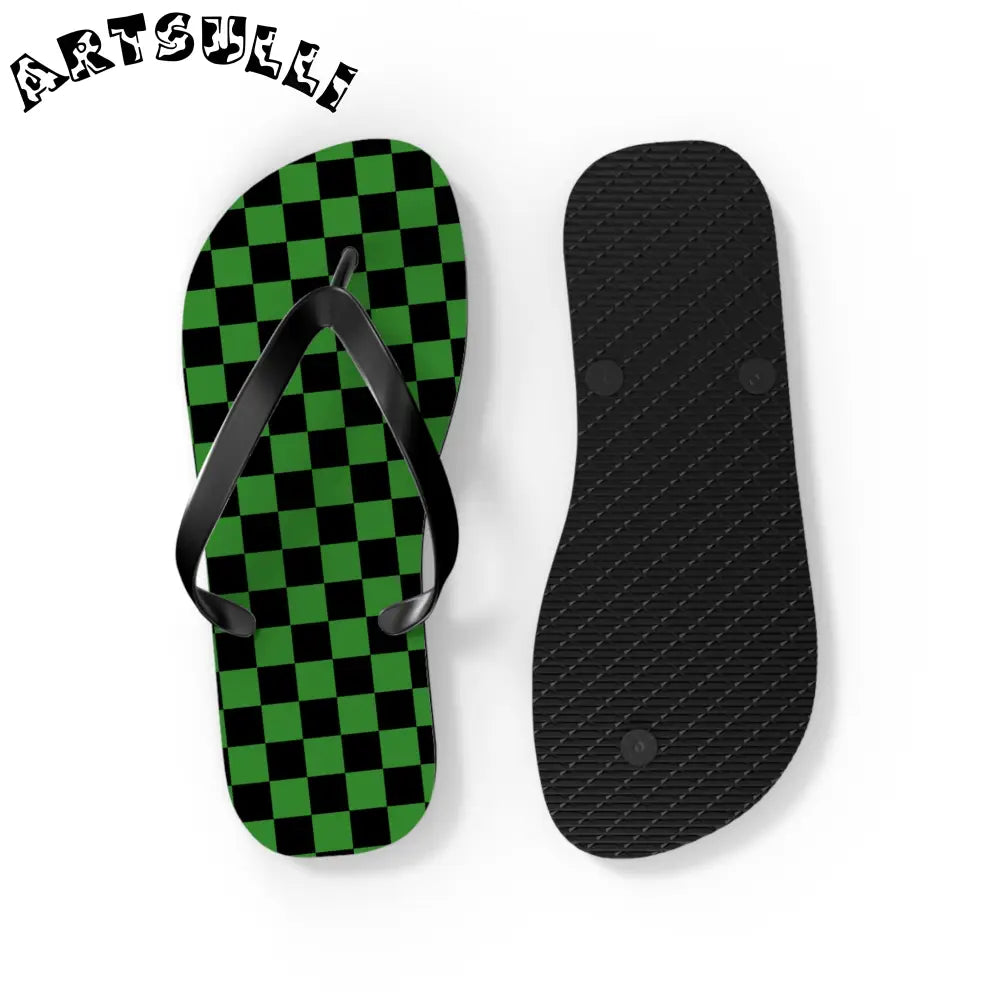 JAKKOUTTHEBXX Checkerboard Green and Black Flip Flops JAKKOUTTHEBXX
