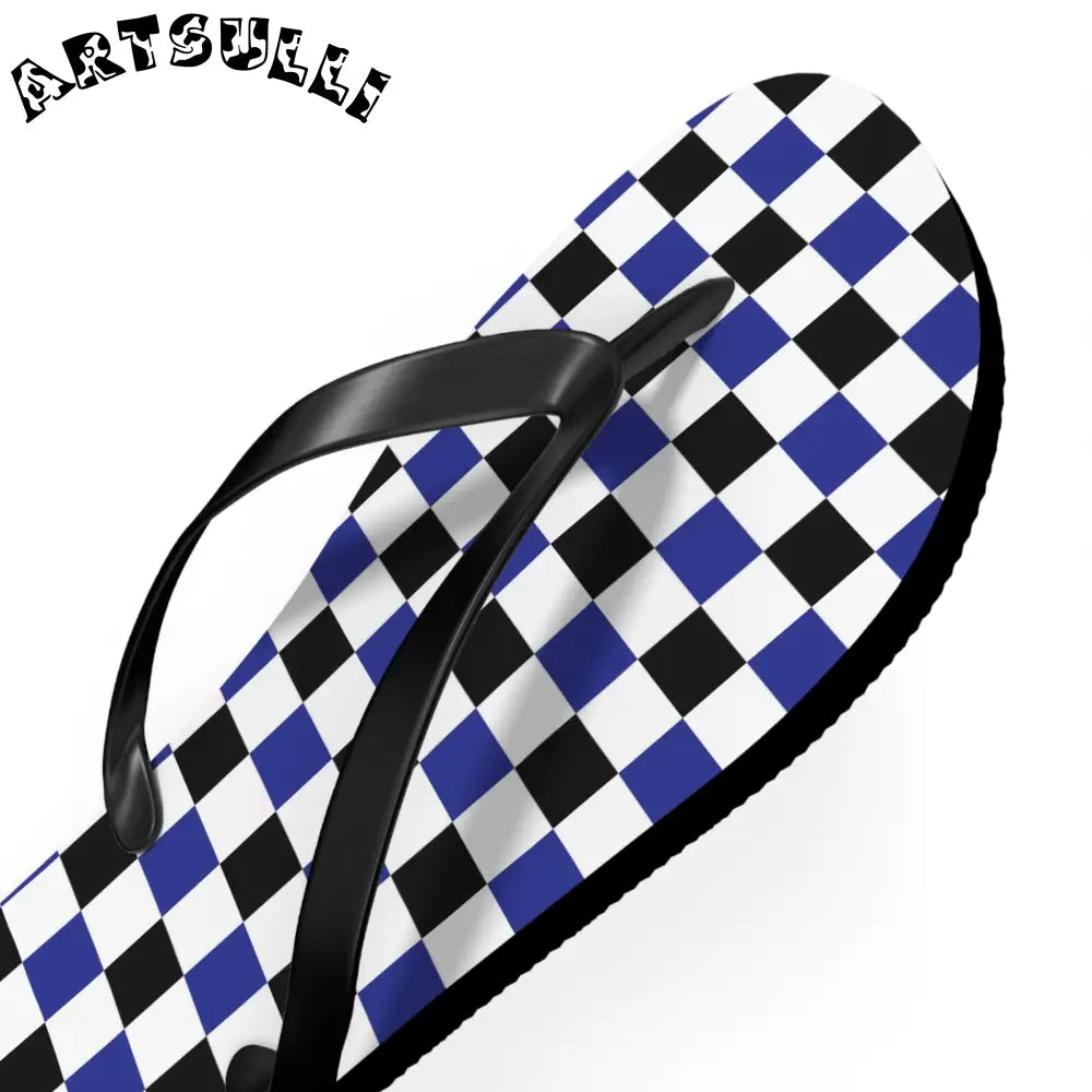 JAKKOUTTHEBXX Checkerboard Blue White and Black Flip Flops