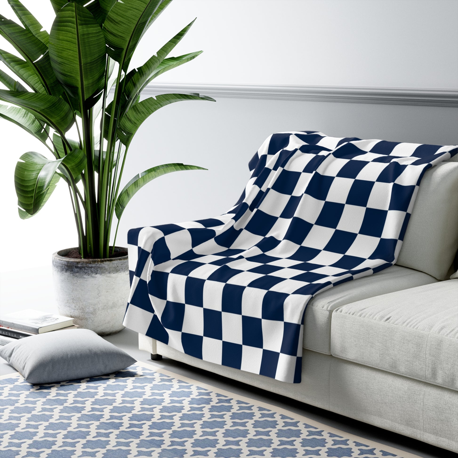 Checkerboard White and Navy Blue Sherpa Fleece Blanket, Artsulli - Art is Long, Life is Short, Home Decor, , , , , , , 