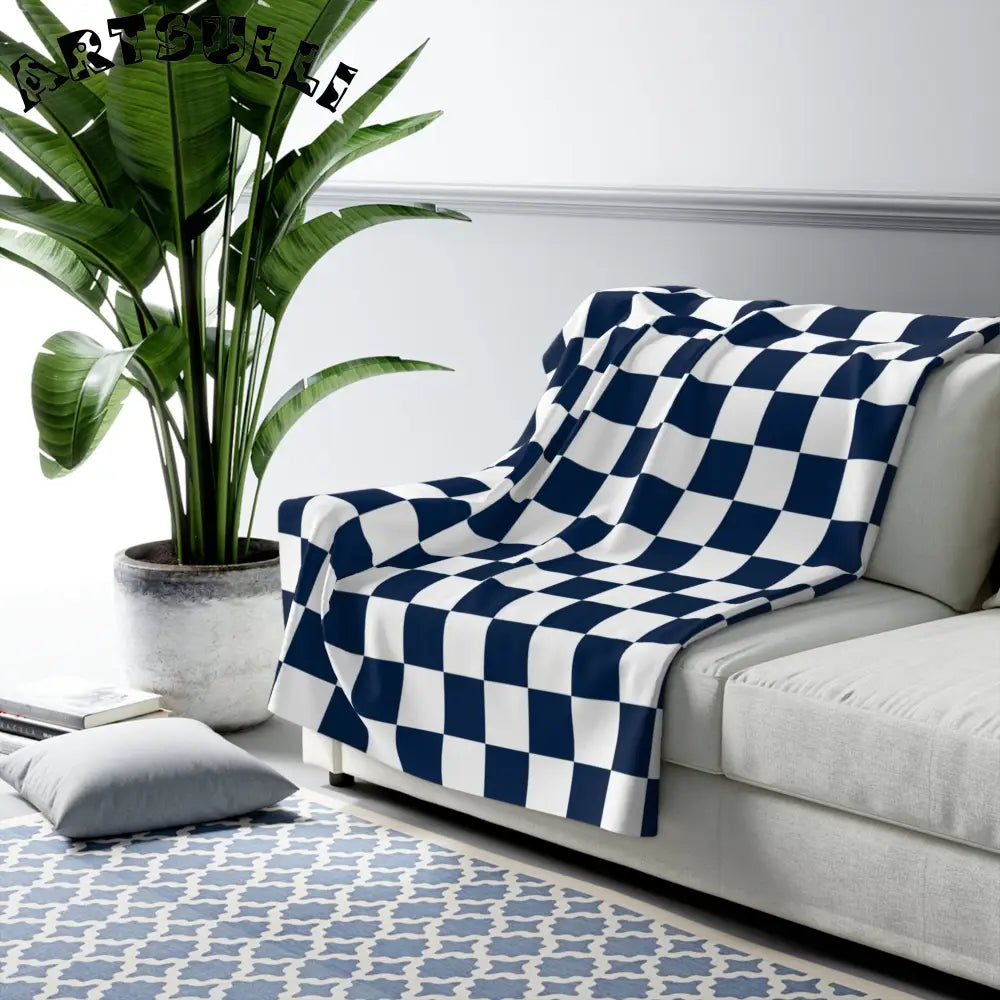 JAKKOUTTHEBXX Checkerboard White and Navy Blue Sherpa Fleece Blanket