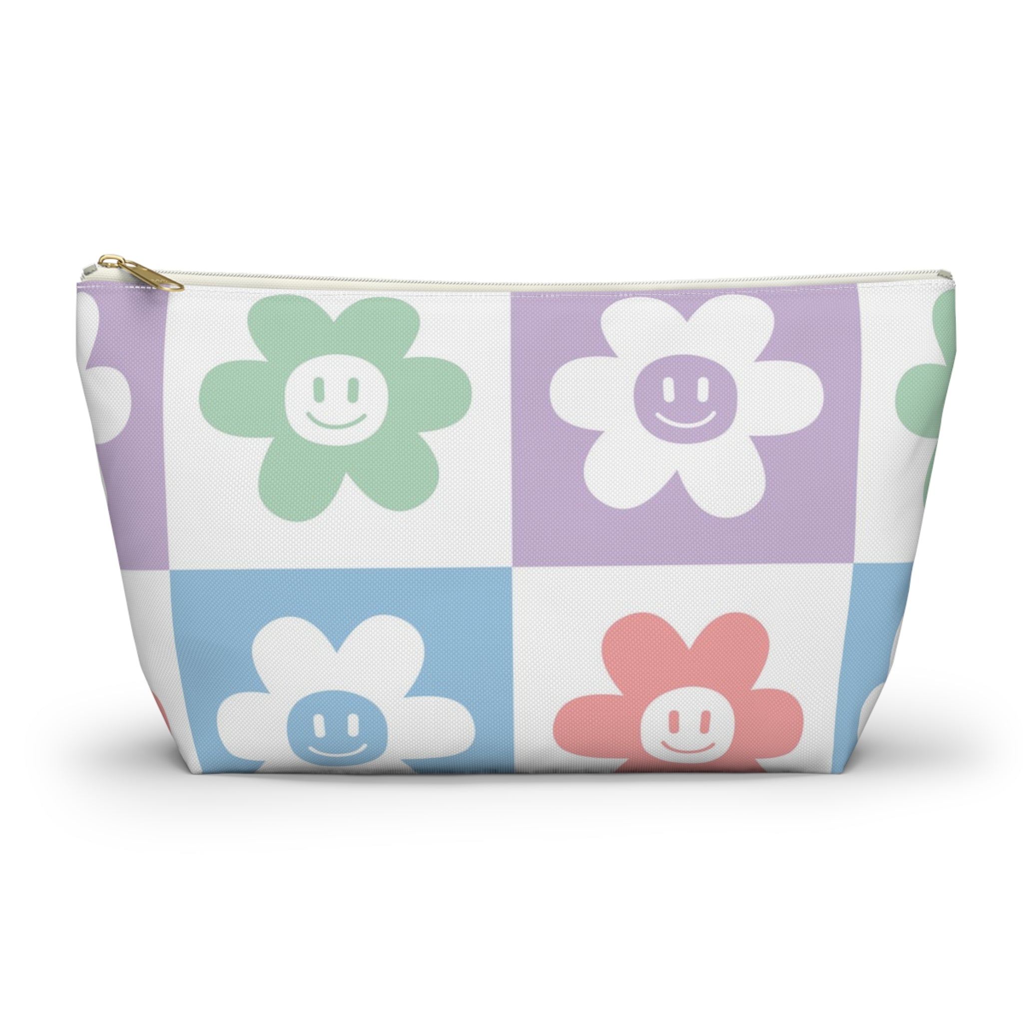 Chessboard x Smiley Face Flowers Multi-Color Accessory Pouch w T-bottom, Artsulli - Art is Long, Life is Short, Bags, Size, Large, Color, White zipper, , , 18083626861037431354