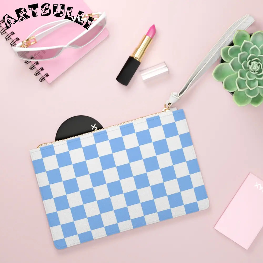 JAKKOUTTHEBXX Checkerboard White and Light Blue Clutch Bag