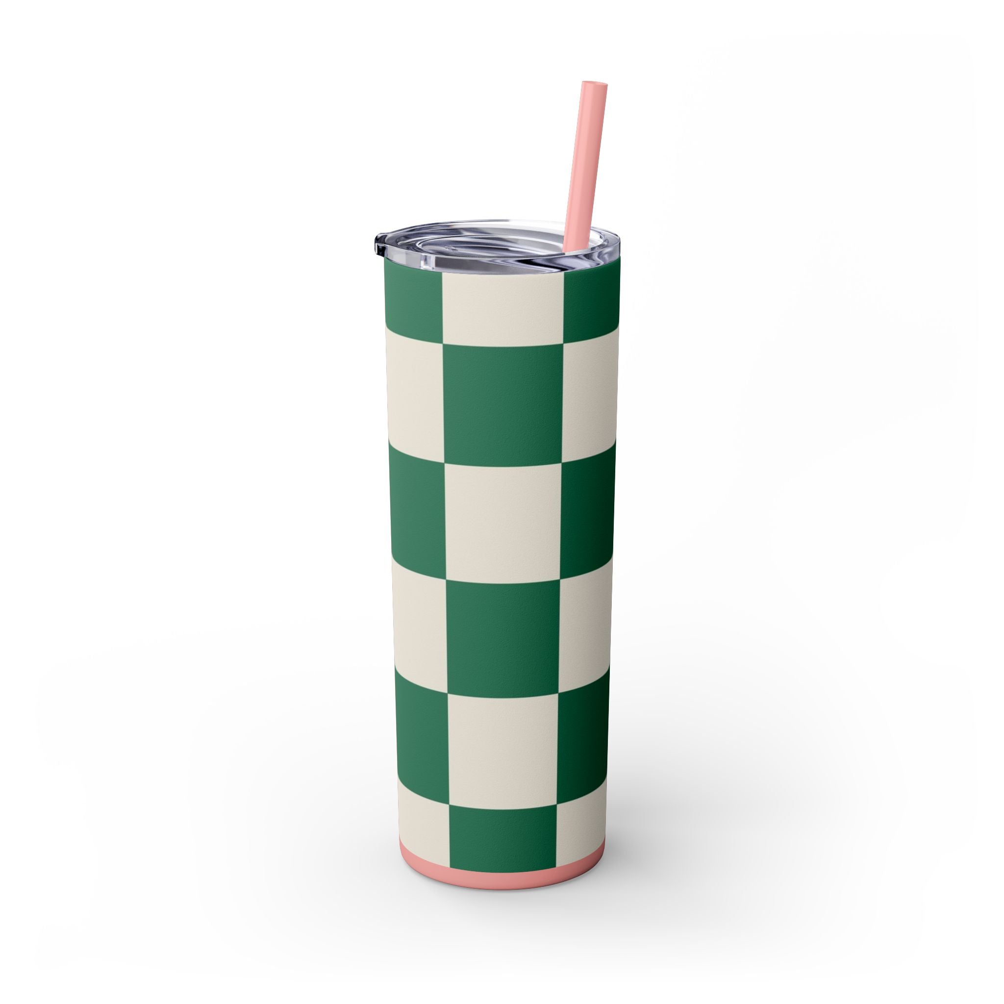 Checkerboard Dark Green Skinny Tumbler with Straw, 20oz, Artsulli - Art is Long, Life is Short, Mug, , , , , , , 