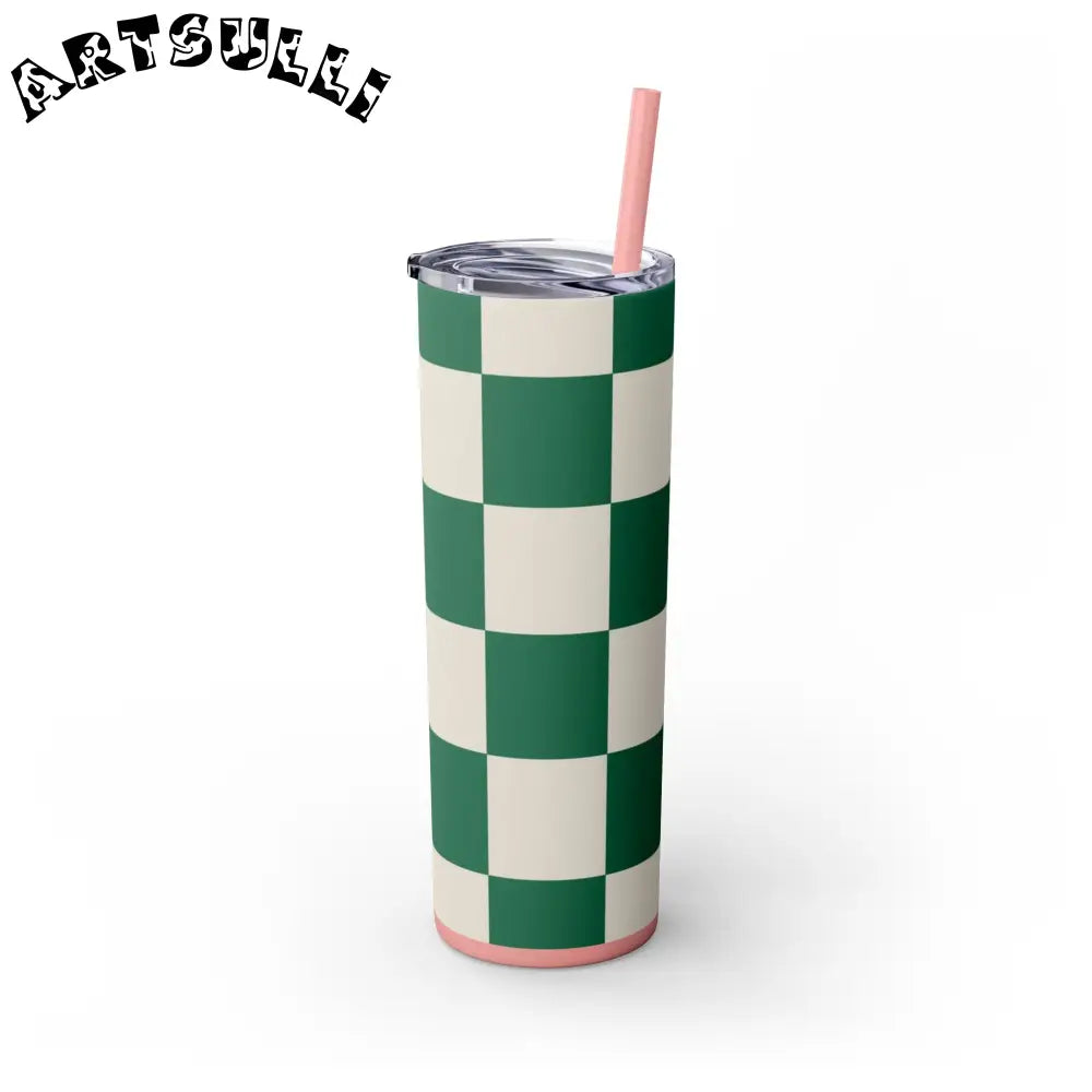 JAKKOUTTHEBXX Checkerboard Dark Green Skinny Tumbler with Straw 20oz