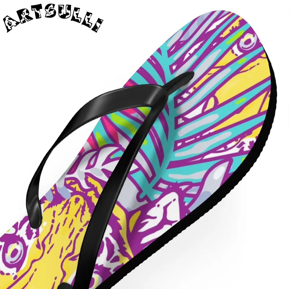 JAKKOUTTHEBXX Tropical Floral Tigers Torquise and Purple Flip Flops