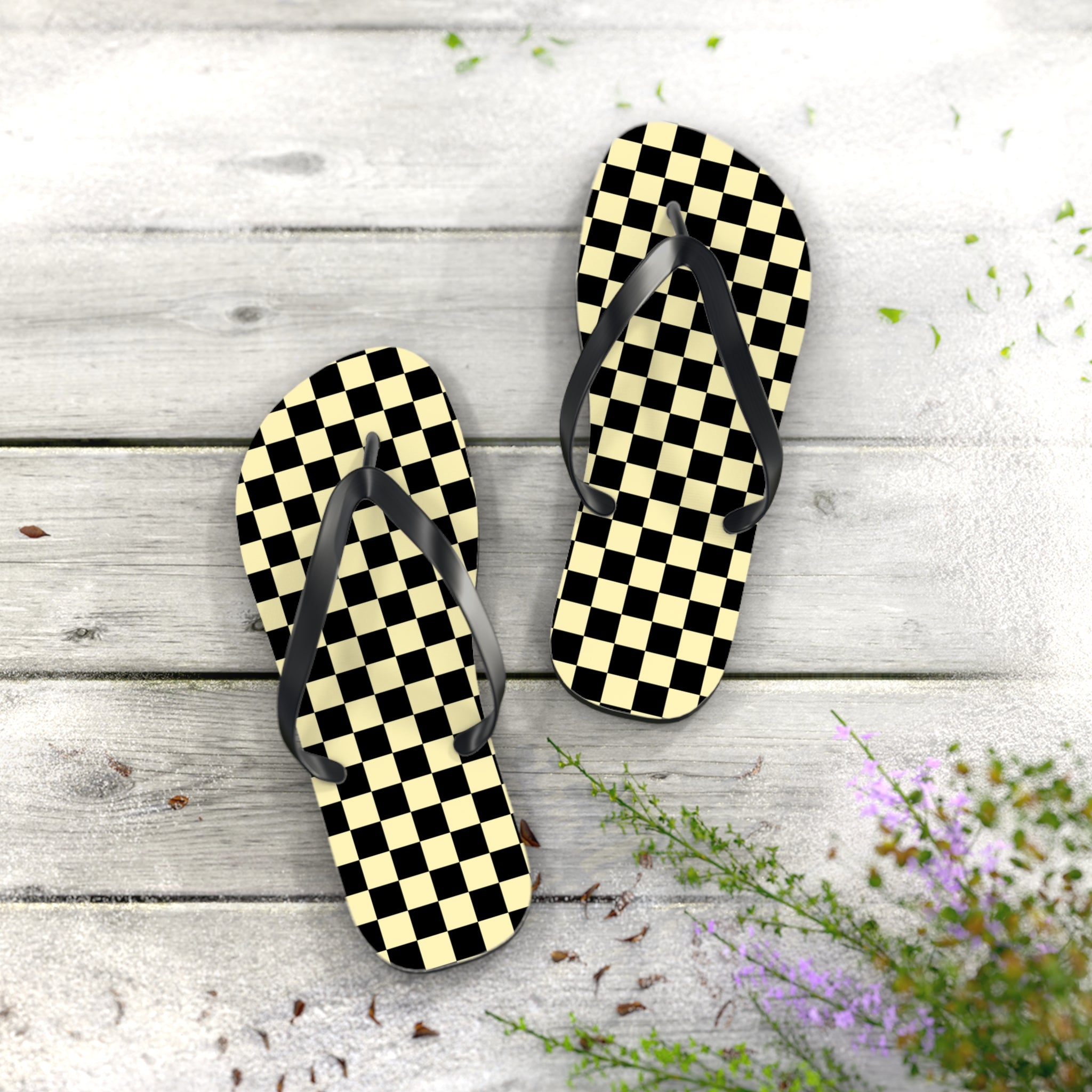 Checkerboard Black and Yellow Flip Flops, Artsulli - Art is Long, Life is Short, Shoes, , , , , , , 