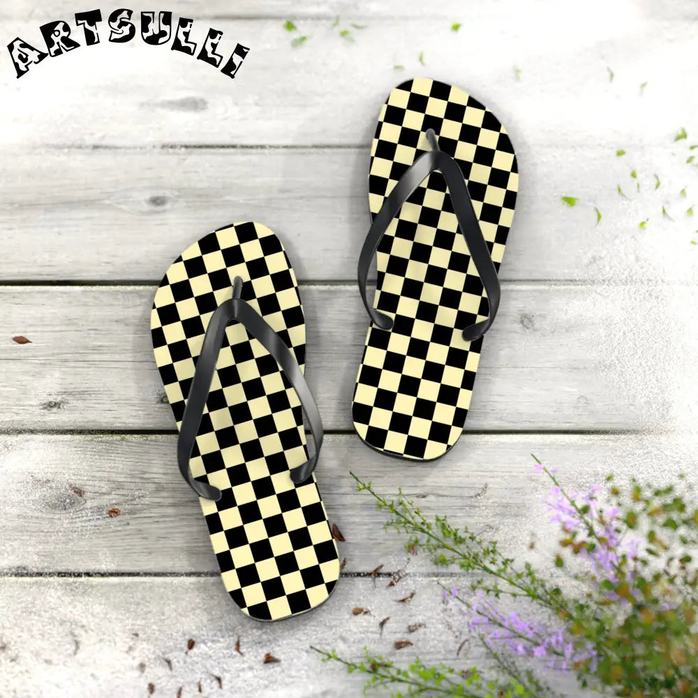 JAKKOUTTHEBXX Checkerboard Black and Yellow Flip Flops JAKKOUTTHEBXX