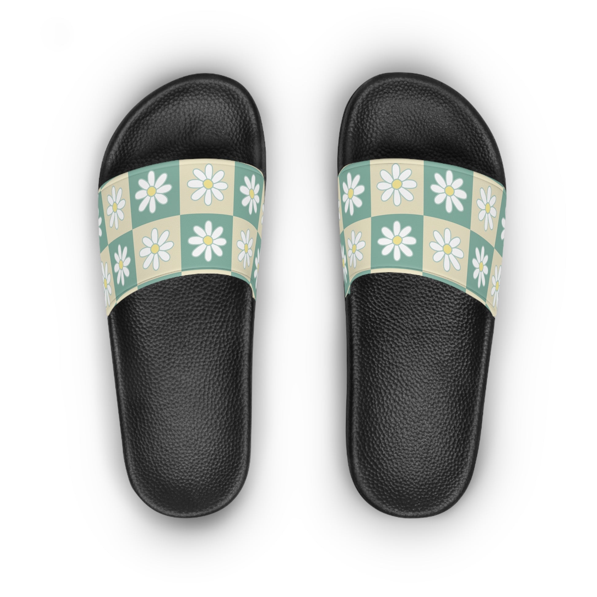 Retro Daisy Checkerboard Green and Tan Women's Slide Sandals, Artsulli - Art is Long, Life is Short, Shoes, , , , , , , 
