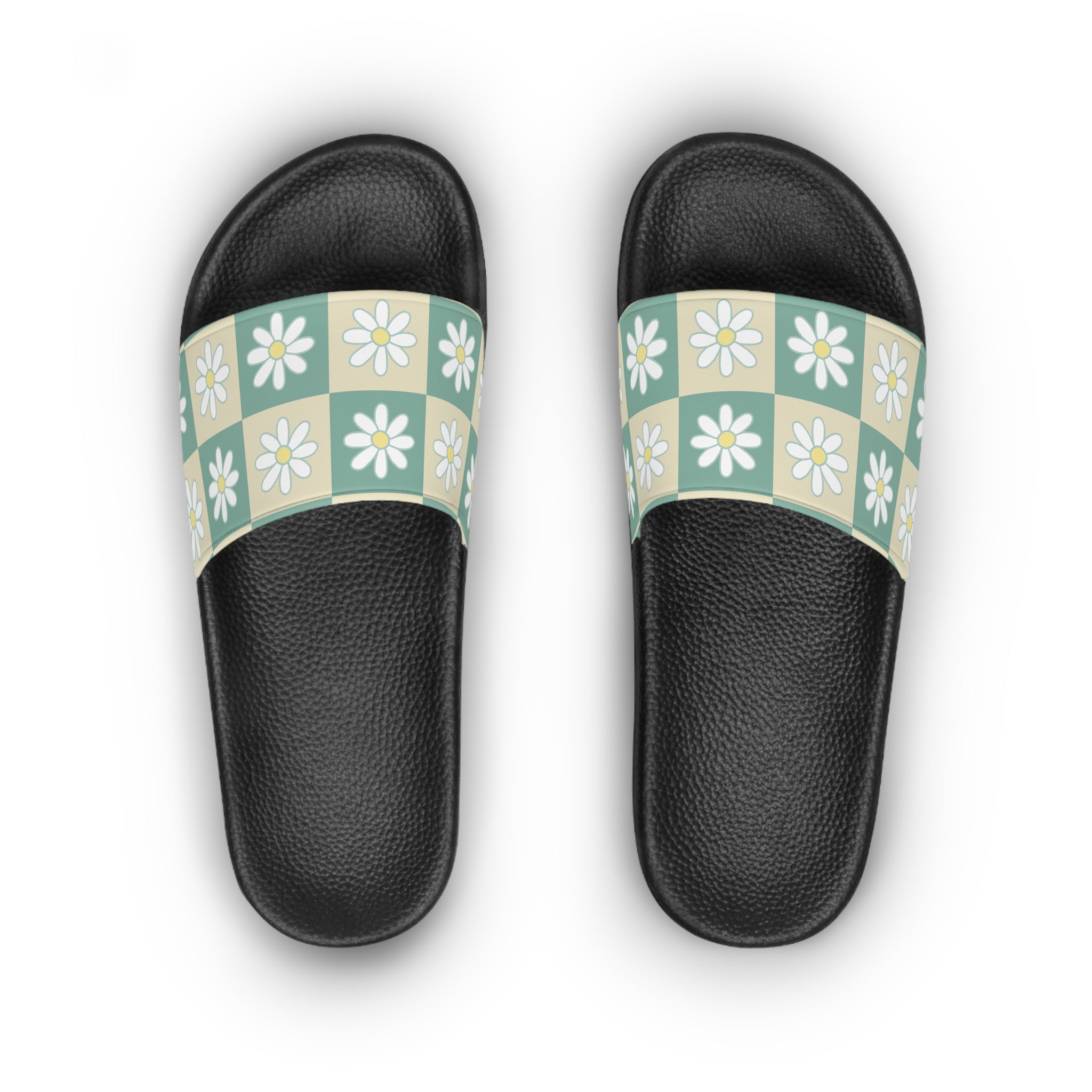 Retro Daisy Checkerboard Green and Tan Women's Slide Sandals, Artsulli - Art is Long, Life is Short, Shoes, , , , , , , 