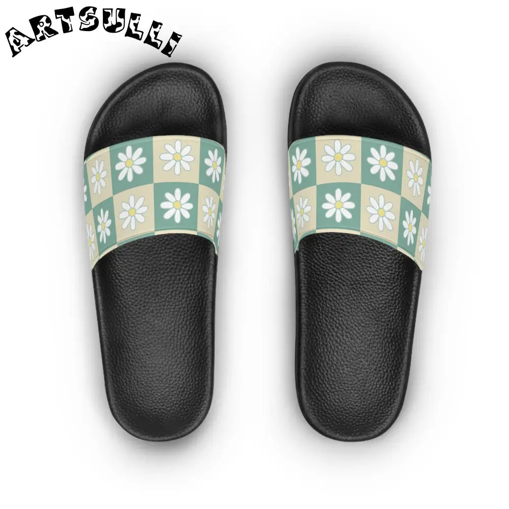 JAKKOUTTHEBXX Retro Daisy Checkerboard Green and Tan Women’s Slide