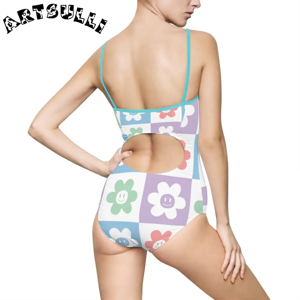 JAKKOUTTHEBXX Smiling Flower Checkerboard One-Piece Swimsuit 2025