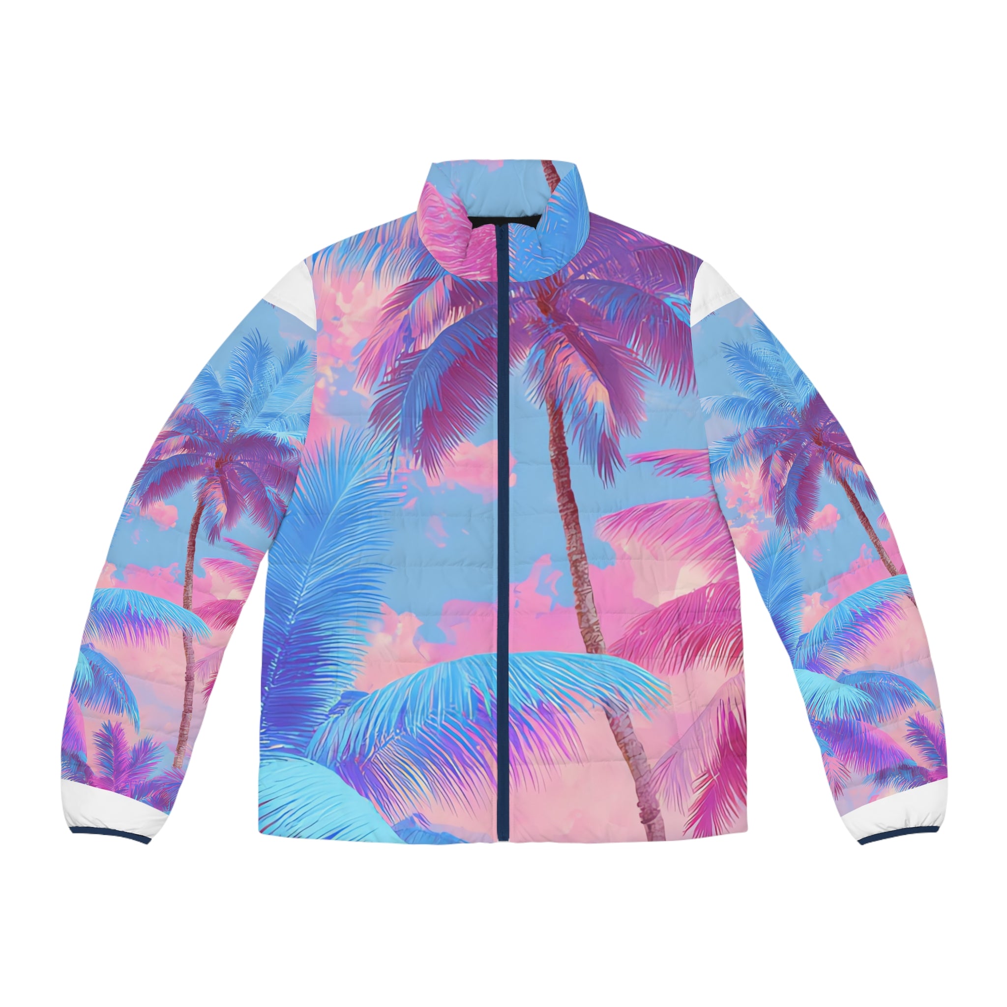 Ethereal Pastel Palms Men's Puffer Jacket (AOP), Artsulli - Art is Long, Life is Short, All Over Prints, Size, S, Color, Dark blue zipper, , , 12242402558861156985