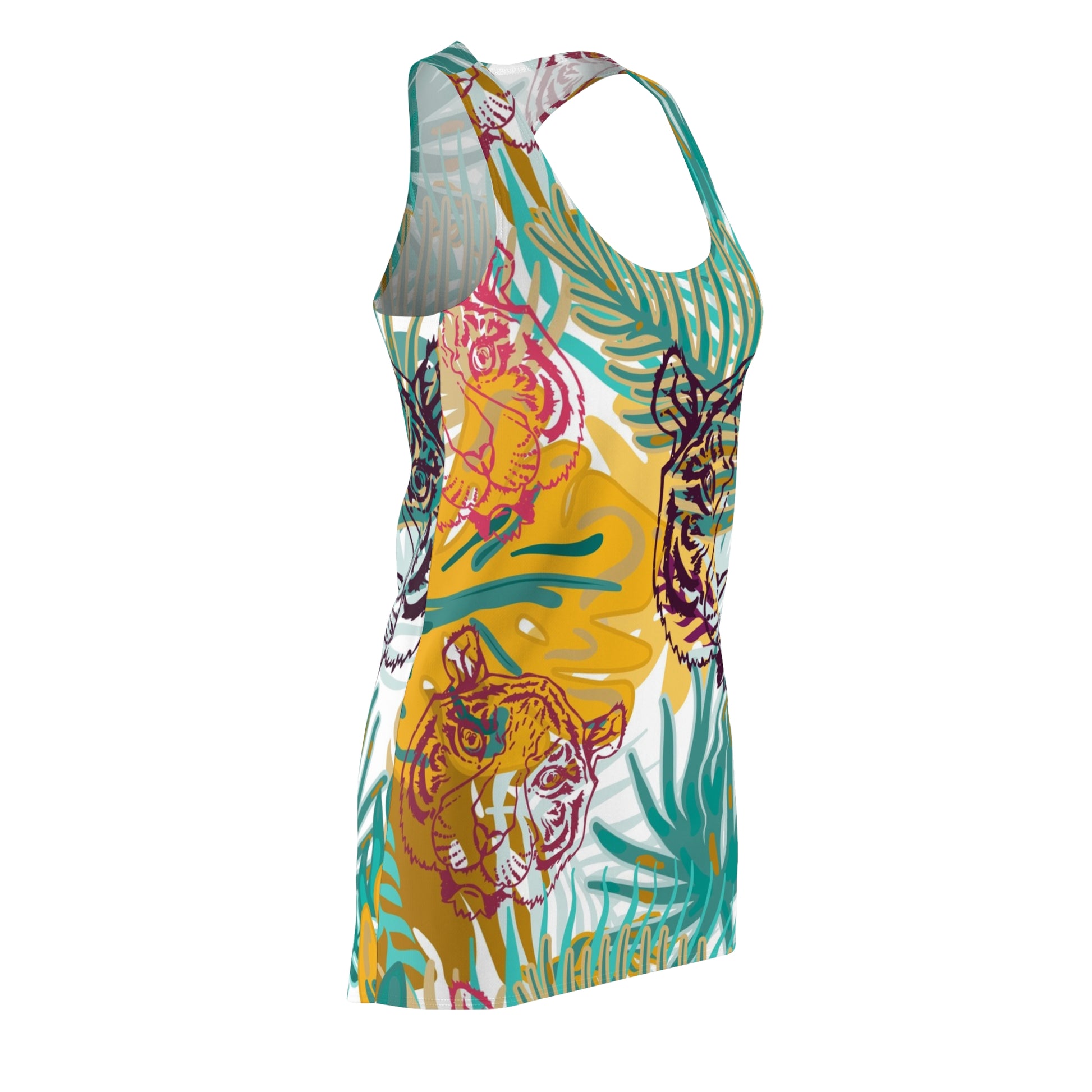Tropical Jungle Tigers Brown and Green Women's Cut & Sew Racerback Dress (AOP), Artsulli - Art is Long, Life is Short, All Over Prints, , , , , , , 