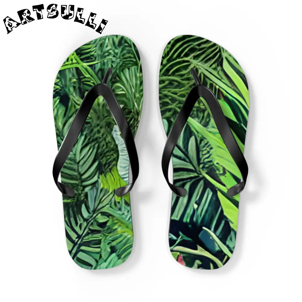 JAKKOUTTHEBXX Black Strapped Flip Flops with Green Leaf Pattern