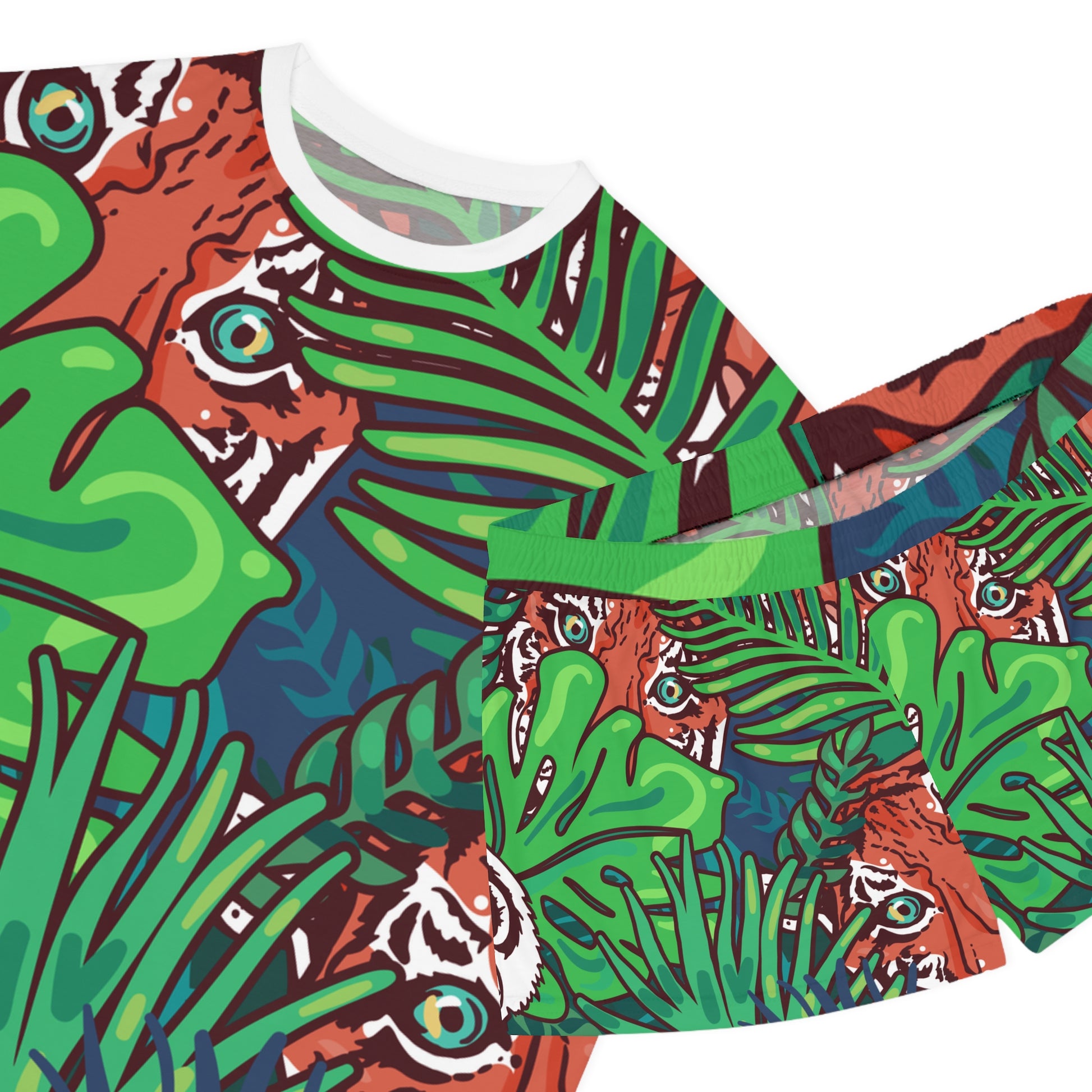 Tropical Jungle Tigers Blue and Green Women's Short Pajama Set (AOP), Artsulli - Art is Long, Life is Short, All Over Prints, , , , , , , 