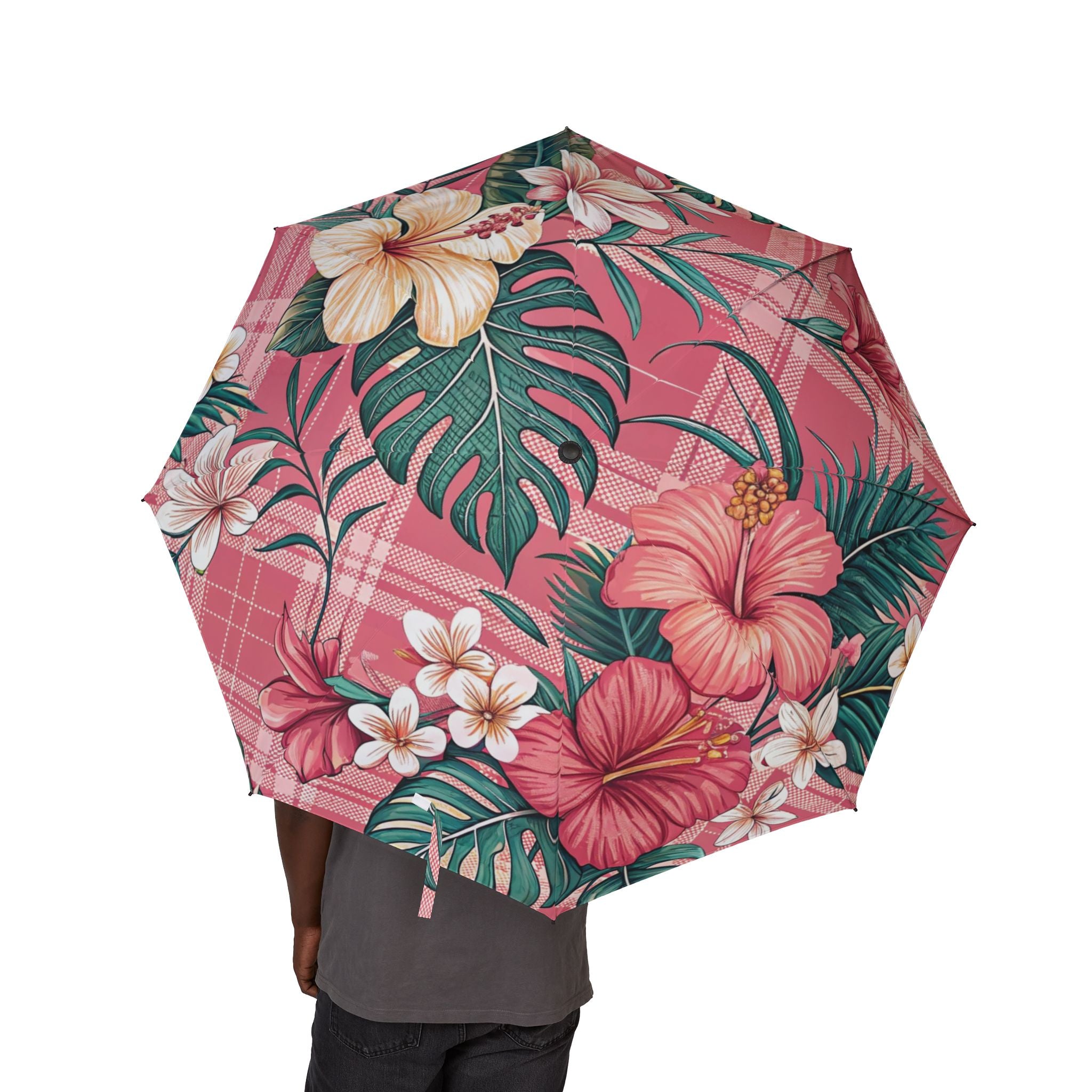 Plaid x Floral Burgundy and Green Semi-Automatic Foldable Umbrella, Artsulli - Art is Long, Life is Short, Accessories, , , , , , , 