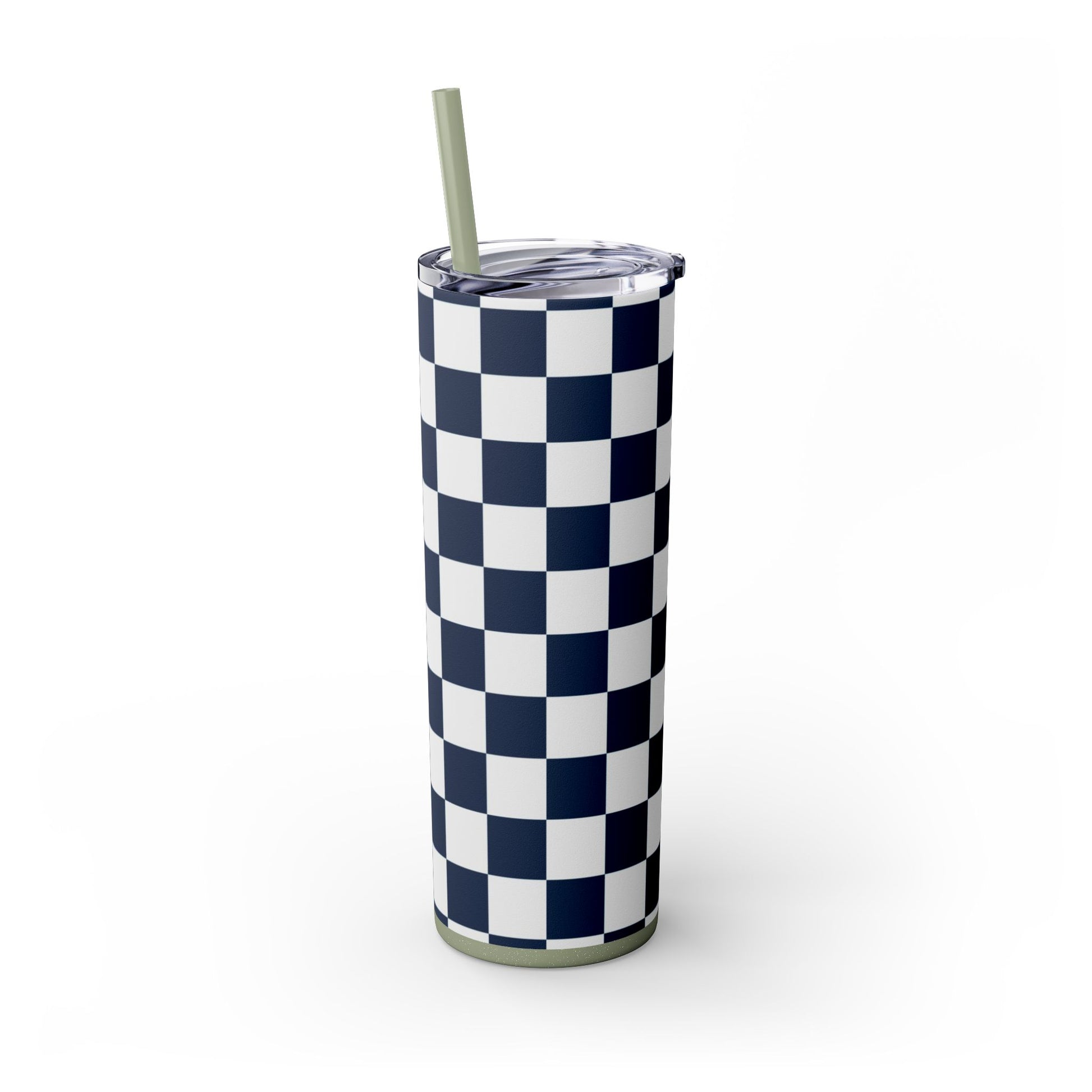 Checkerboard White and Navy Blue Skinny Tumbler with Straw, 20oz, Artsulli - Art is Long, Life is Short, Mug, , , , , , , 