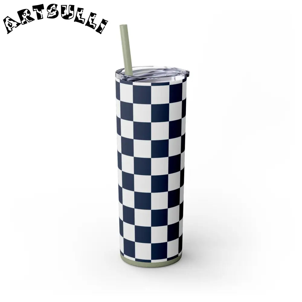 JAKKOUTTHEBXX Checkerboard White and Navy Blue Skinny Tumbler