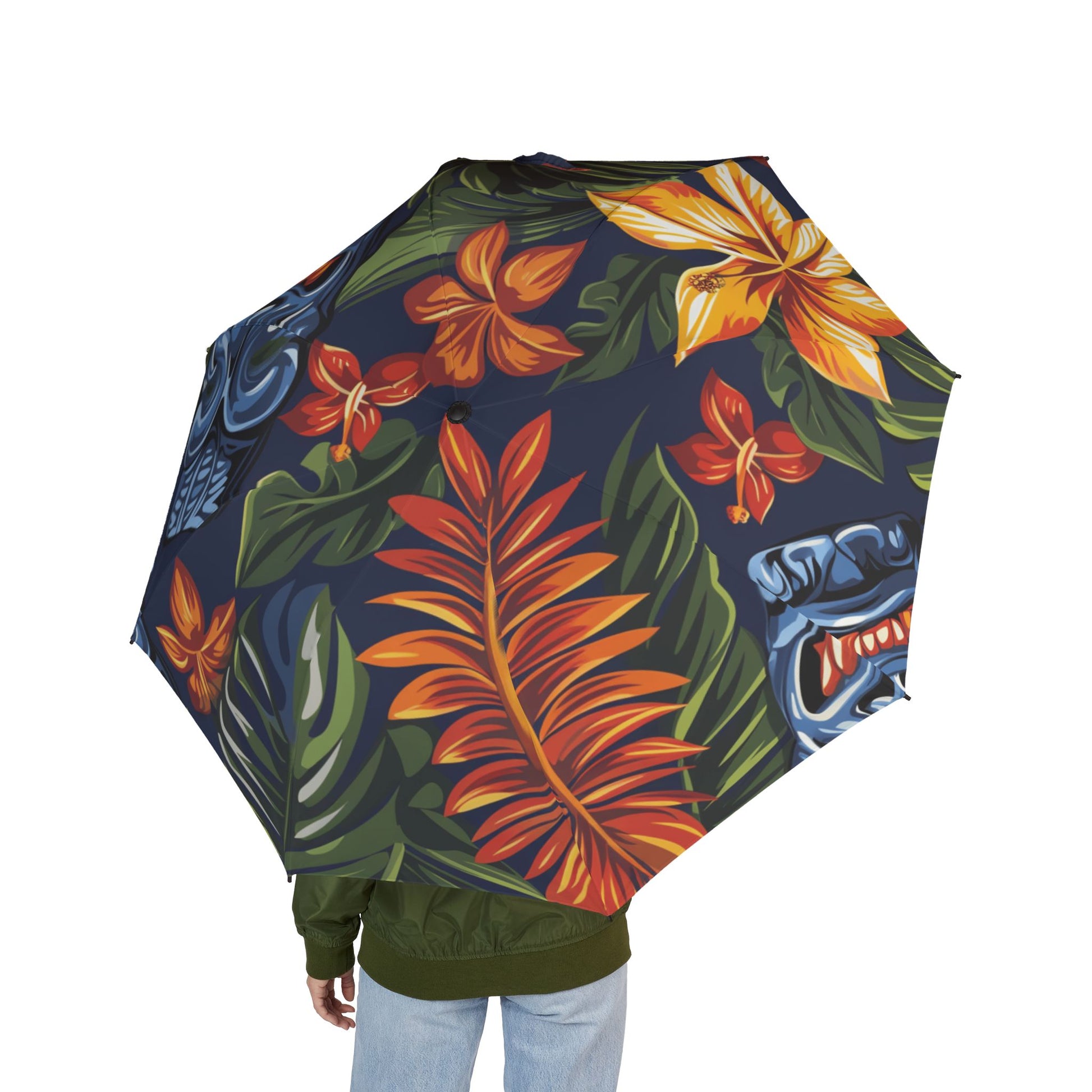Tiki Bloom Navy Semi-Automatic Foldable Umbrella, Artsulli - Art is Long, Life is Short, Accessories, , , , , , , 