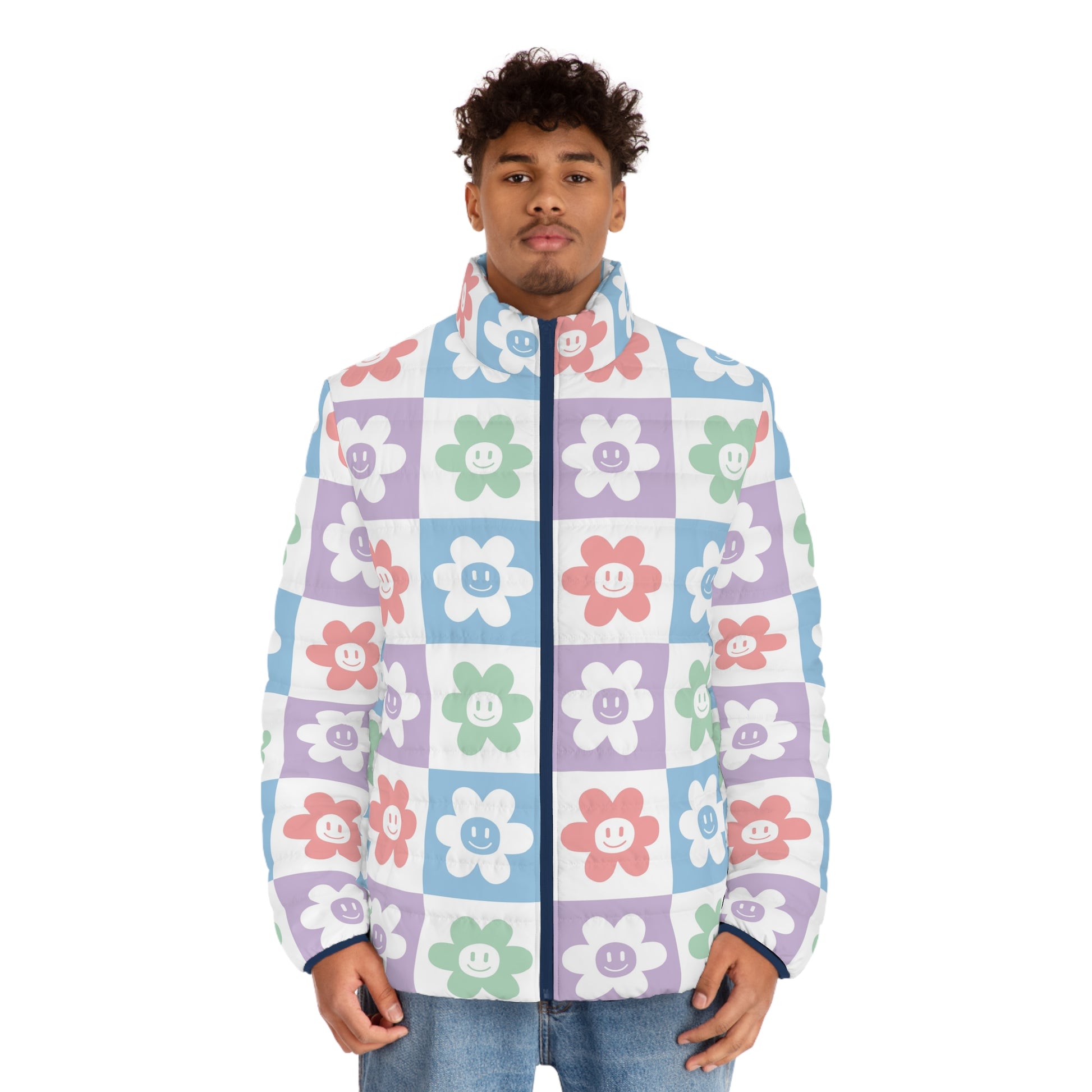 Chessboard x Smiley Face Flowers Multi-Color Men's Puffer Jacket (AOP), Artsulli - Art is Long, Life is Short, All Over Prints, , , , , , , 