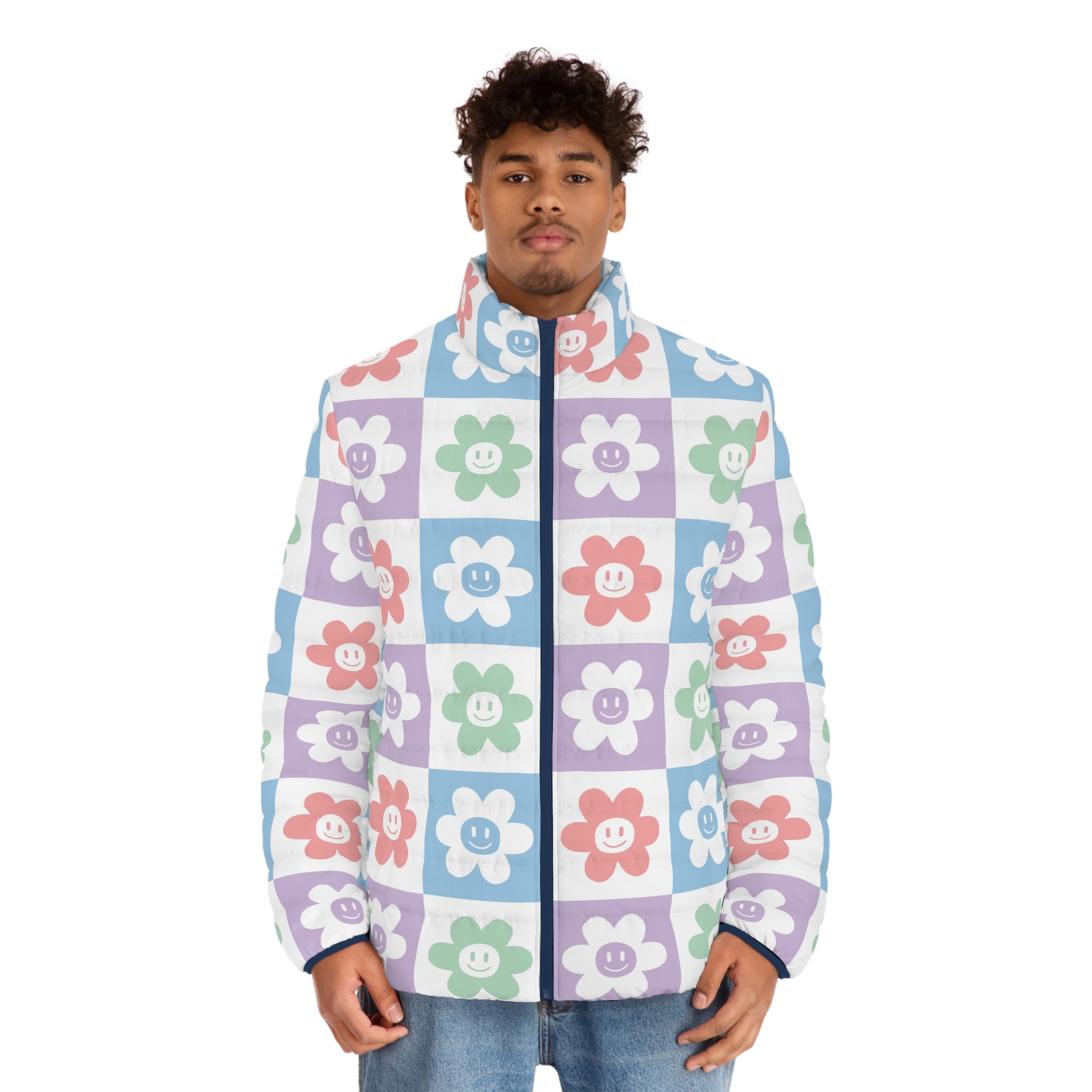 Chessboard x Smiley Face Flowers Multi-Color Men's Puffer Jacket (AOP), Artsulli - Art is Long, Life is Short, All Over Prints, , , , , , , 