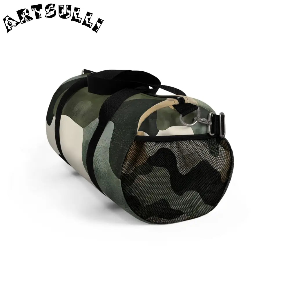 JAKKOUTTHEBXX Camouflage Patterned Duffel Bag with Black Straps