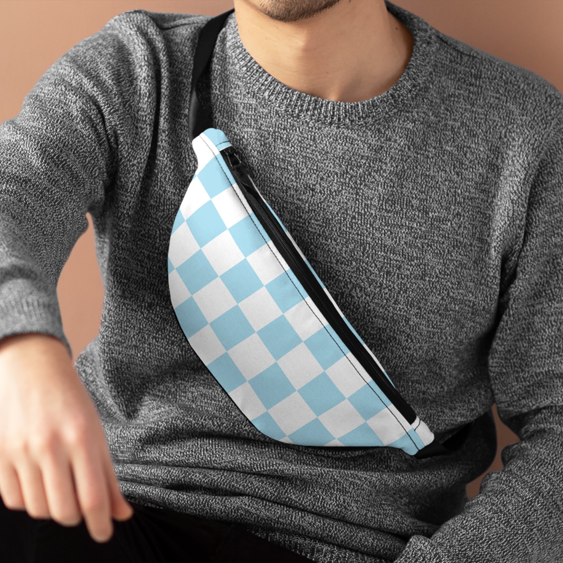 Checkerboard Sky Blue Fanny Pack, Artsulli - Art is Long, Life is Short, Bags, , , , , , , 