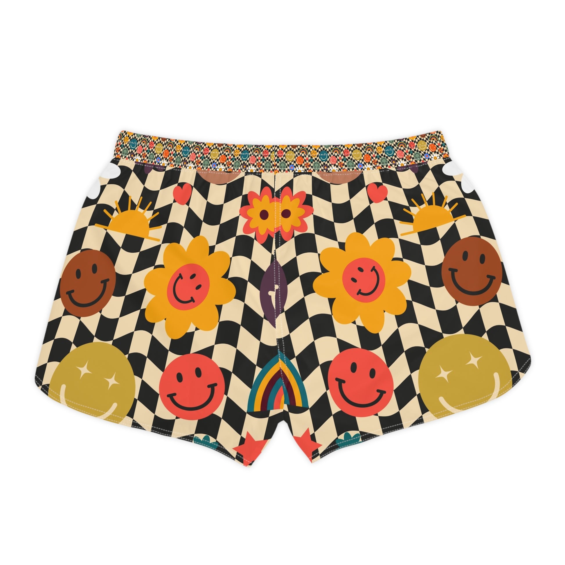 Trippy x Wavy Checkerboard x Smiley Face x Rainbow x Flowers Multi-Color Women's Casual Shorts (AOP), Artsulli - Art is Long, Life is Short, All Over Prints, , , , , , , 