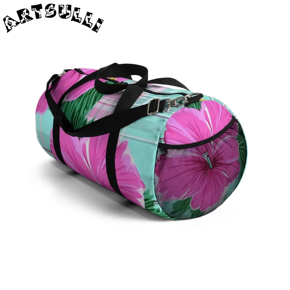 JAKKOUTTHEBXX Teal and Pink Hibiscus Duffel Bag JAKKOUTTHEBXX