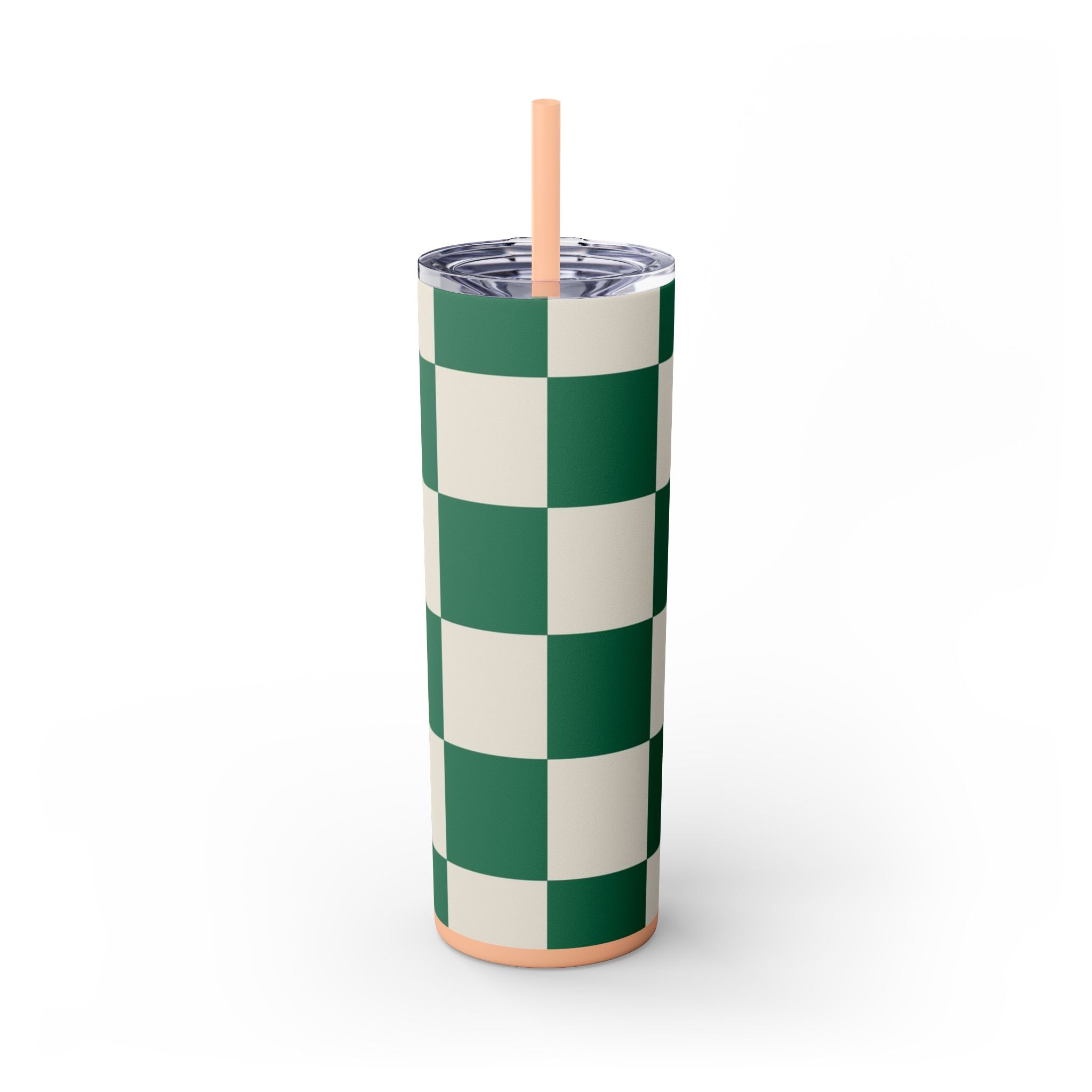Checkerboard Dark Green Skinny Tumbler with Straw, 20oz, Artsulli - Art is Long, Life is Short, Mug, Finish, Matte, Color, Blush, Size, 20oz, 28406477520500395836