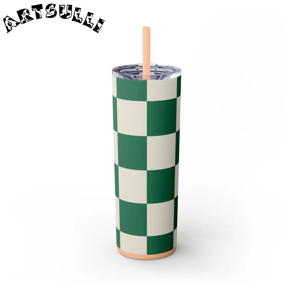 JAKKOUTTHEBXX Checkerboard Dark Green Skinny Tumbler with Straw 20oz