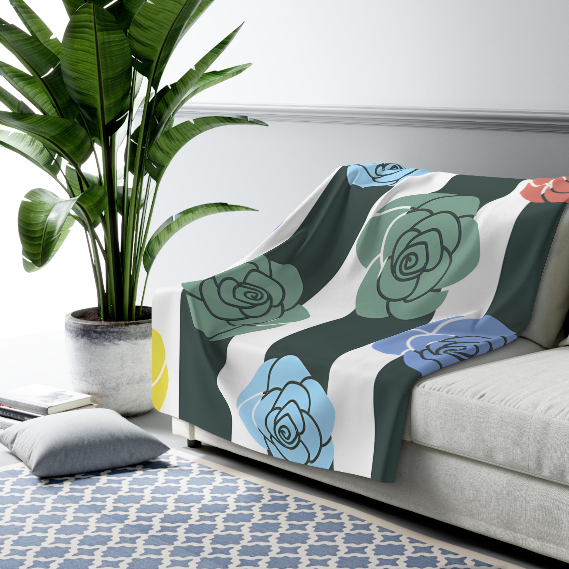 Stripes x Roses Black and White Sherpa Fleece Blanket, Artsulli - Art is Long, Life is Short, Home Decor, , , , , , , 