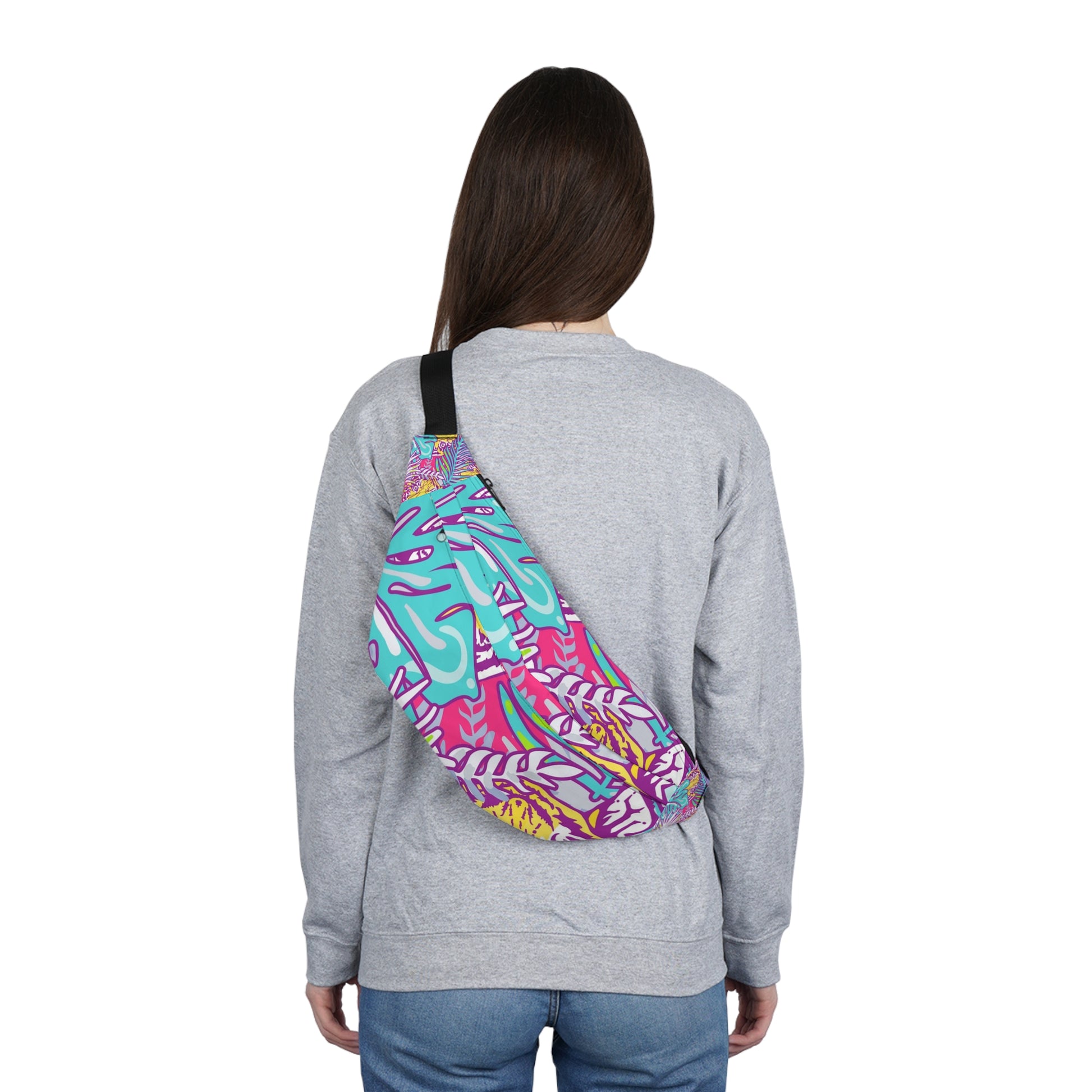 Tropical Floral Tigers Torquise and Purple Large Fanny Pack, Artsulli - Art is Long, Life is Short, Bags, , , , , , , 