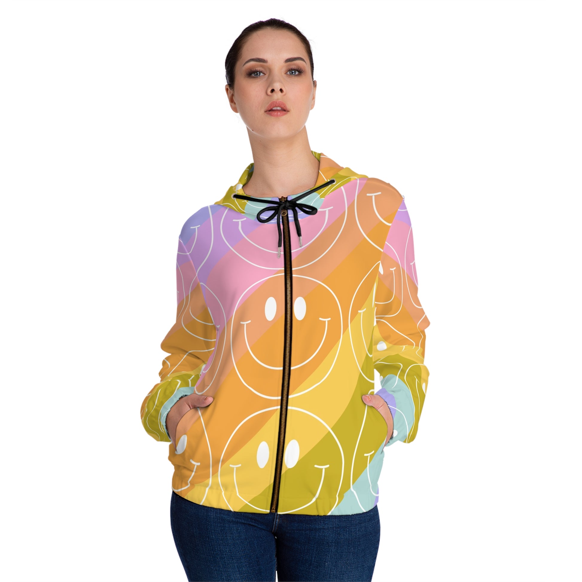 Smiley Face x Rainbow Stripes Multi-Color Women’s Full-Zip Hoodie (AOP), Artsulli - Art is Long, Life is Short, All Over Prints, , , , , , , 