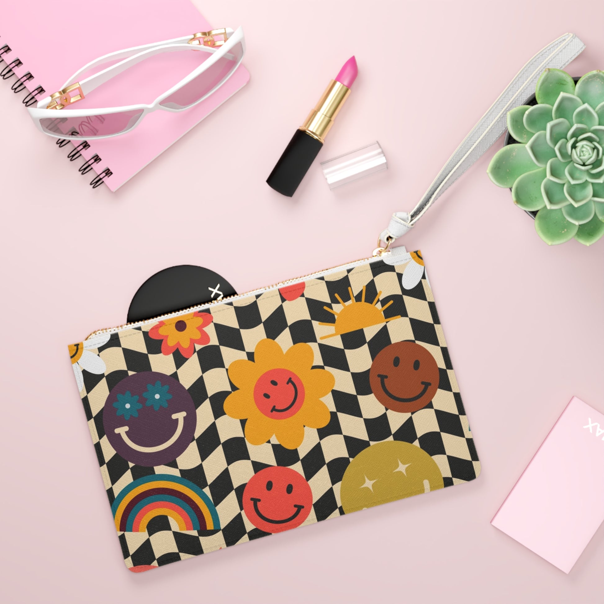 Trippy x Wavy Checkerboard x Smiley Face x Rainbow x Flowers Multi-Color Clutch Bag, Artsulli - Art is Long, Life is Short, Bags, , , , , , , 