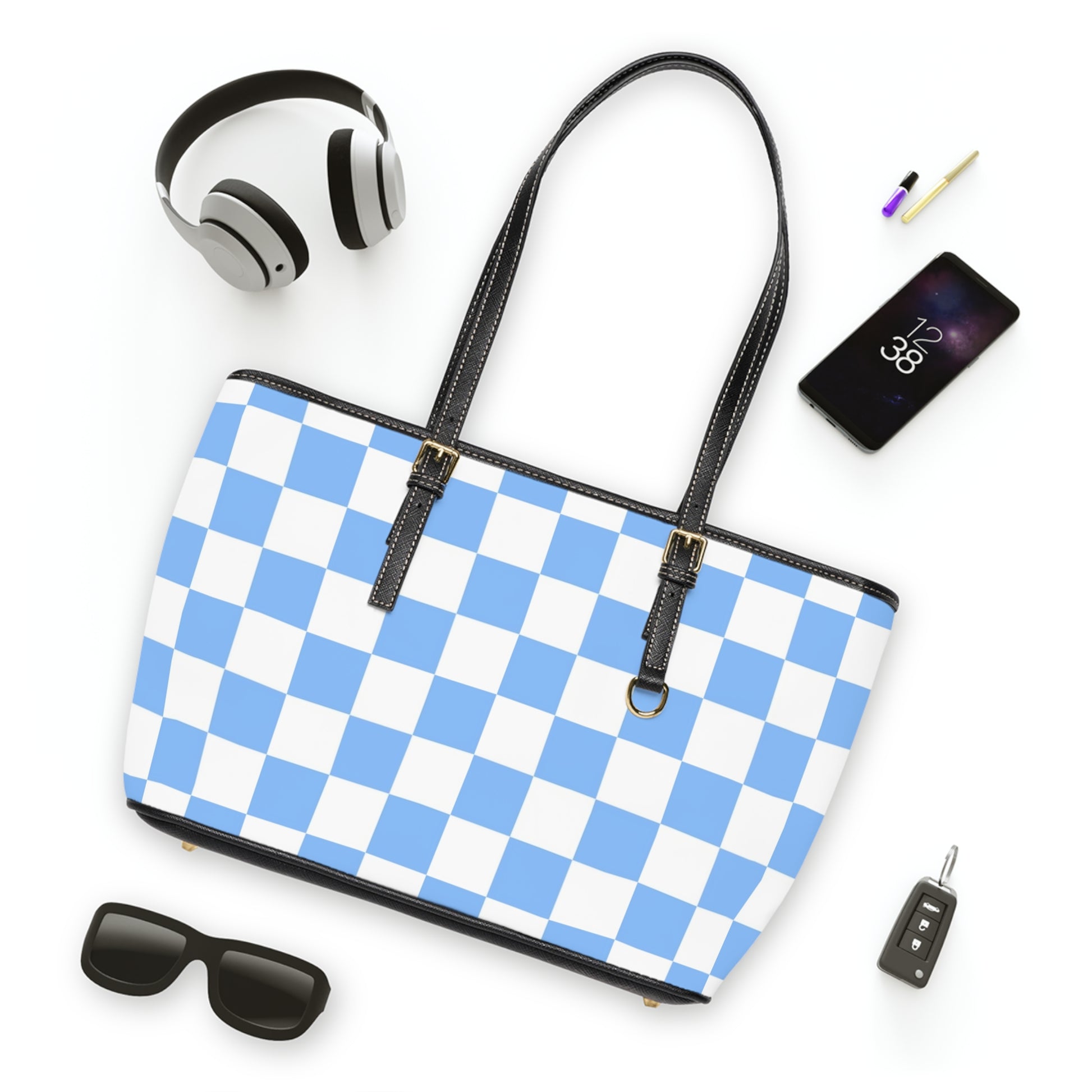 Checkerboard White and Light Blue PU Leather Shoulder Bag, Artsulli - Art is Long, Life is Short, Bags, , , , , , , 