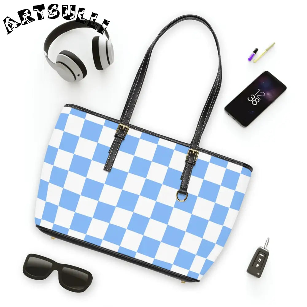 JAKKOUTTHEBXX Checkerboard White and Light Blue PU Leather Shoulder