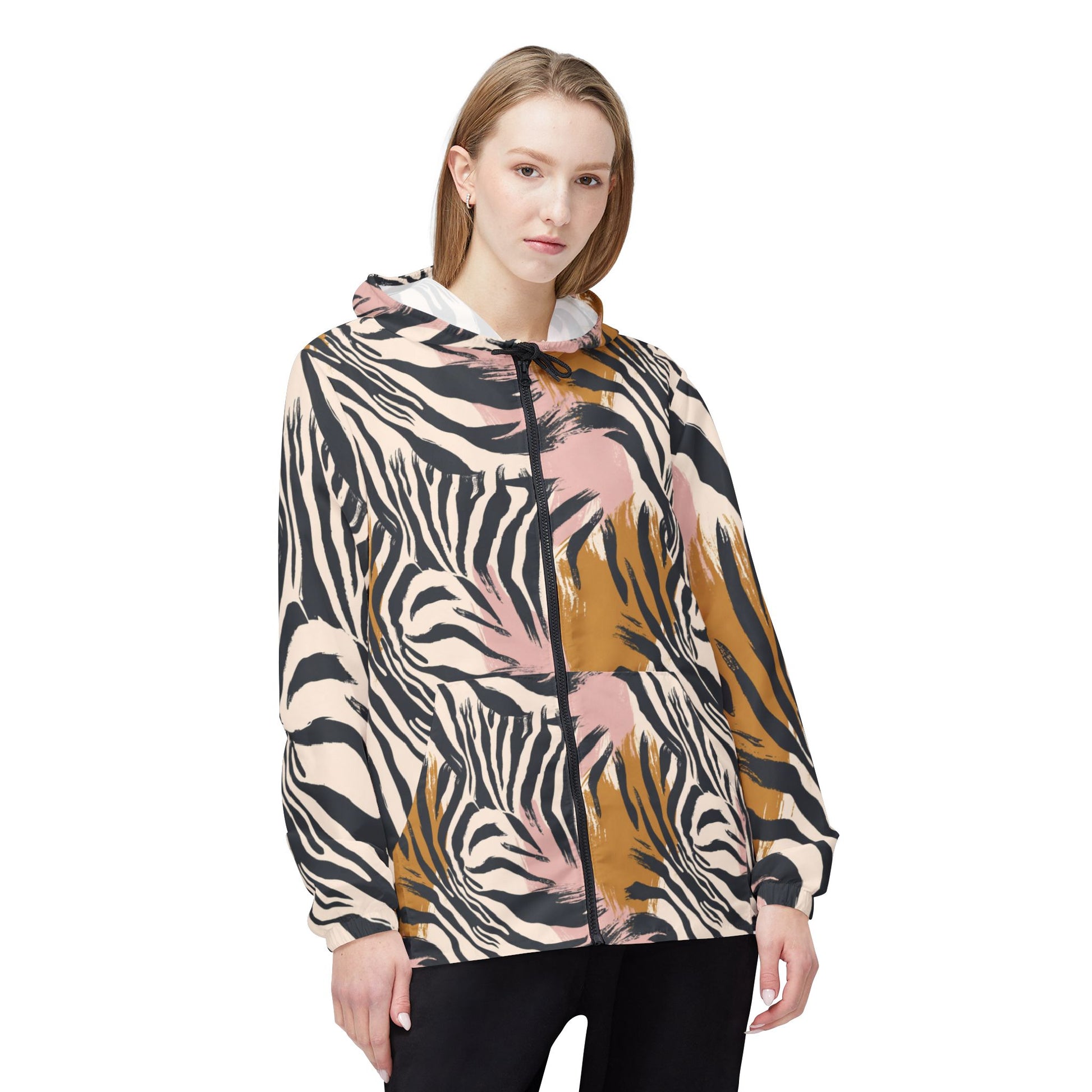 Beige Zebra Jungle Flats Windbreaker Jacket (AOP), Artsulli - Art is Long, Life is Short, Outerwear, , , , , , , 