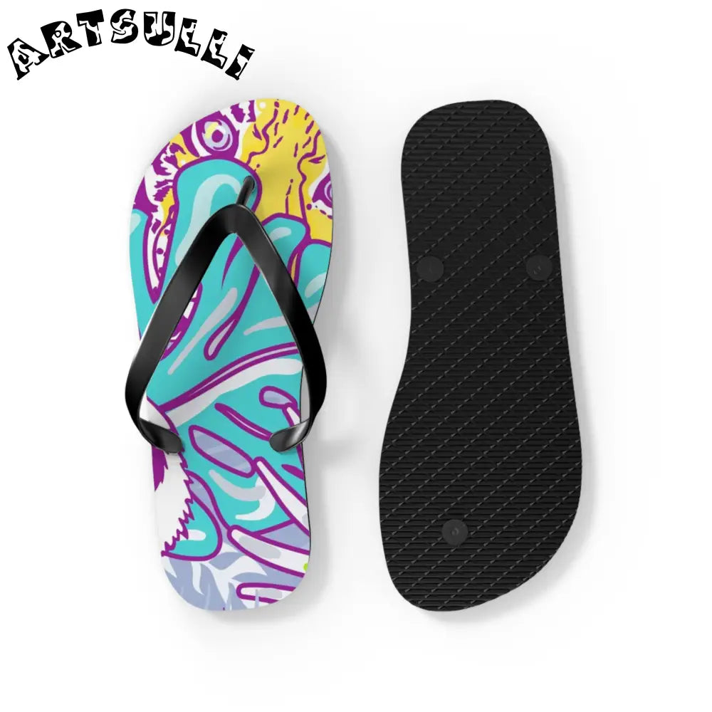 JAKKOUTTHEBXX Tropical Floral Tigers Torquise and Purple Flip Flops