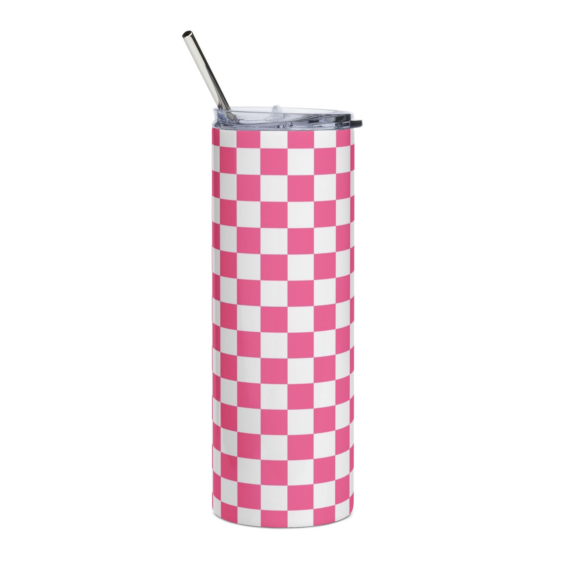Yuyushiki Pink Check Stainless Steel Tumbler, 20oz, Artsulli - Art is Long, Life is Short, Mug, , , , , , , 