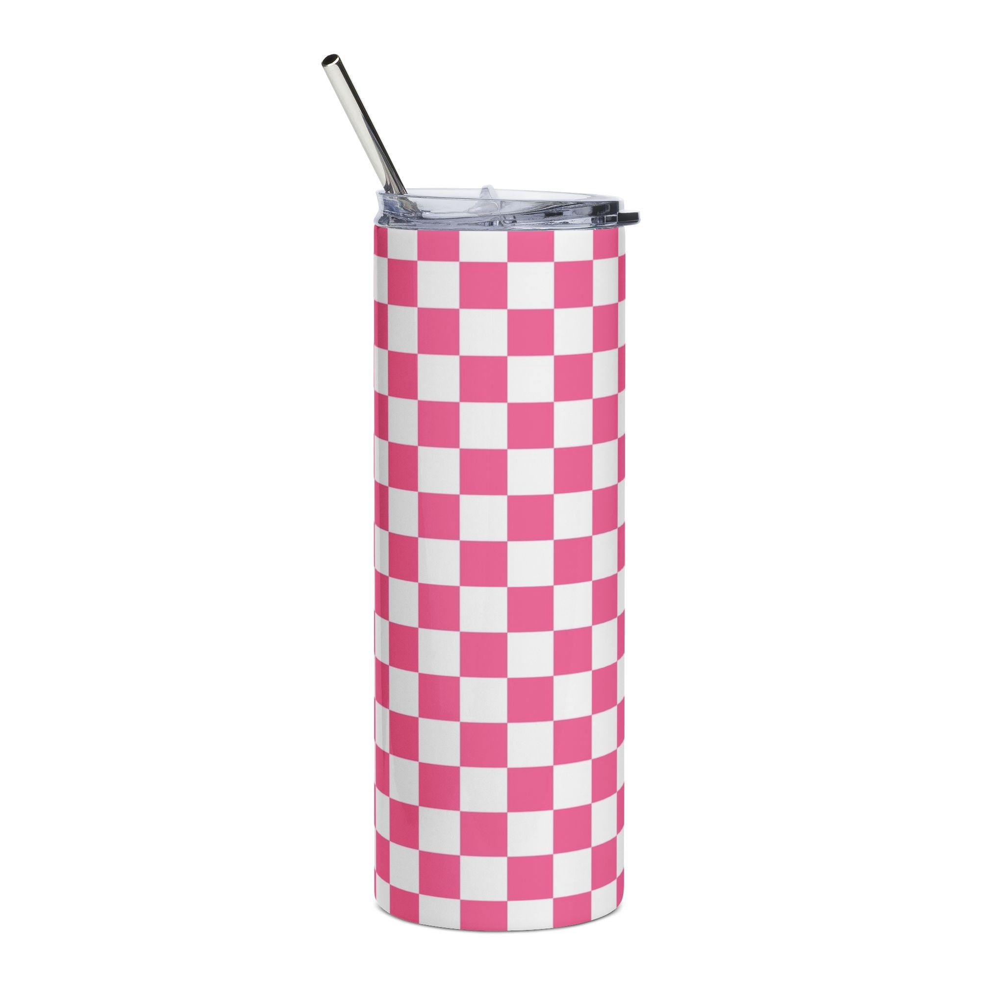 Yuyushiki Pink Check Stainless Steel Tumbler, 20oz, Artsulli - Art is Long, Life is Short, Mug, , , , , , , 