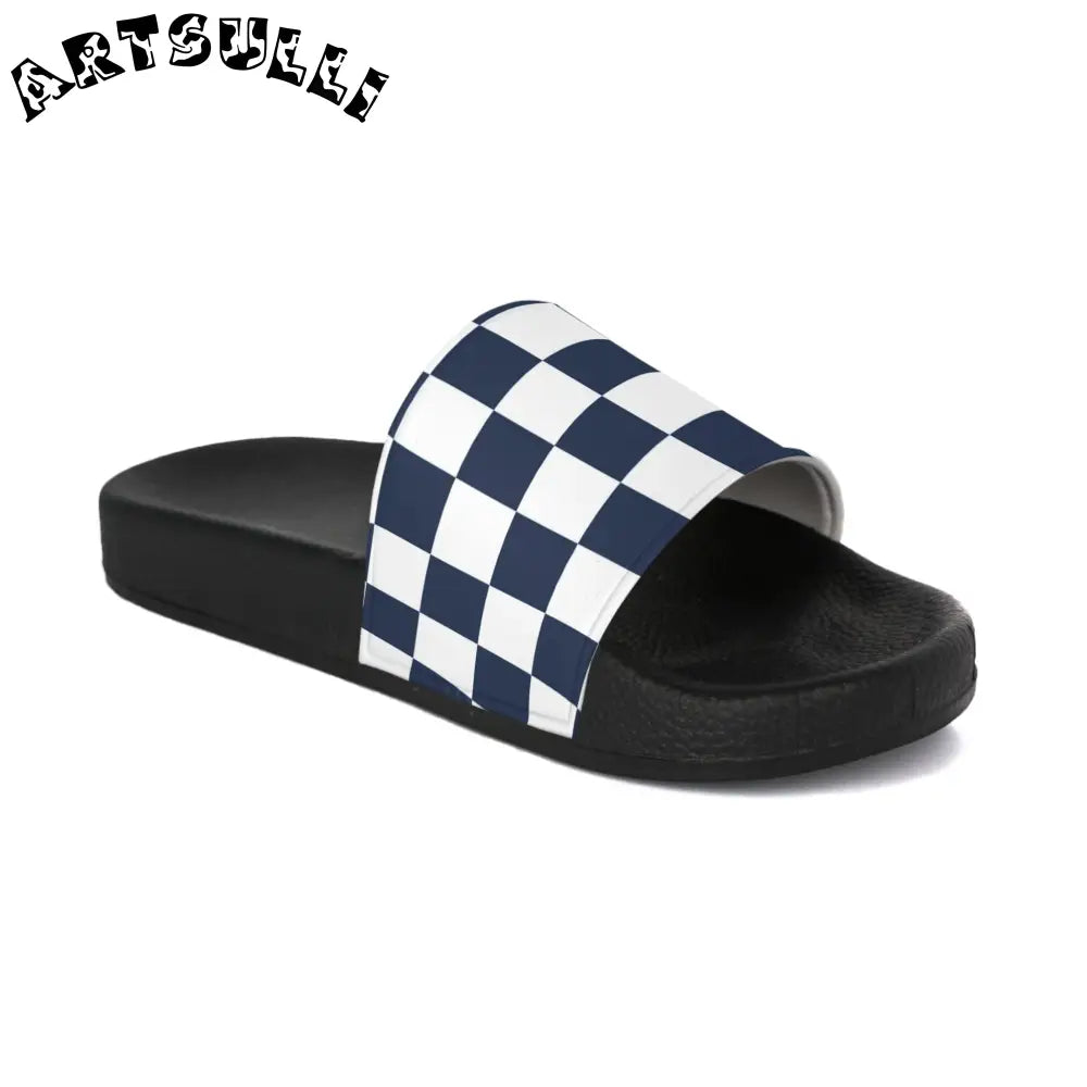 JAKKOUTTHEBXX Checkerboard White and Navy Blue Women’s Slide Sandals