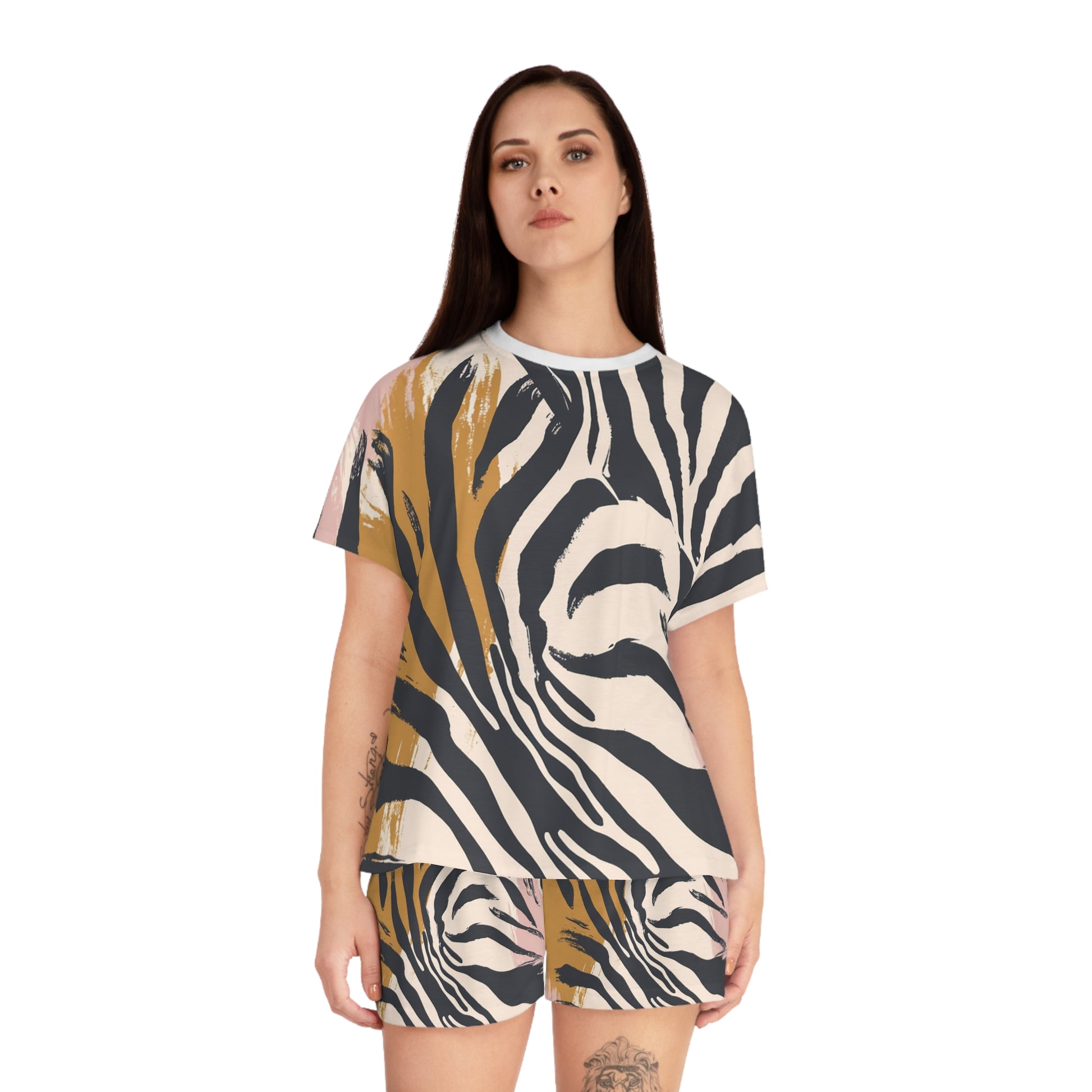 Zebra Brush Strokes Women's Short Pajama Set (AOP), Artsulli - Art is Long, Life is Short, All Over Prints, , , , , , , 