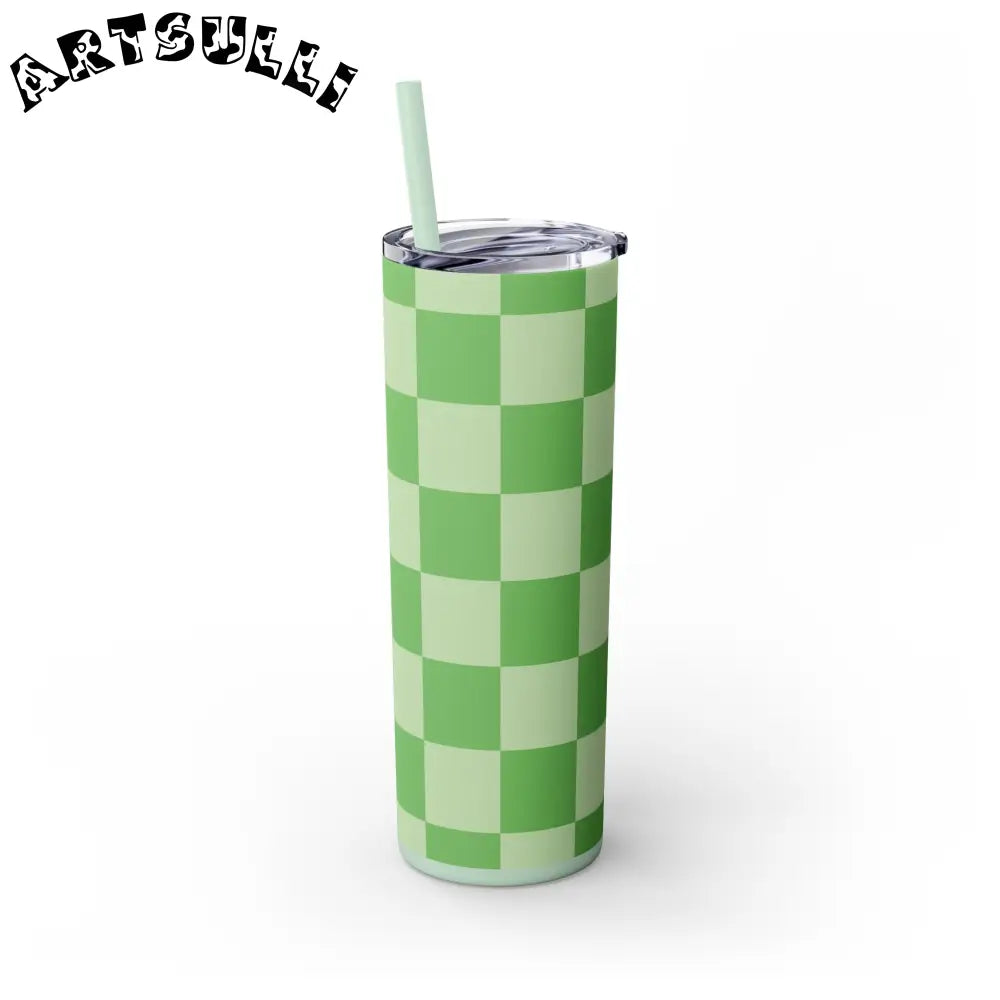 JAKKOUTTHEBXX Checkerboard Green Skinny Tumbler with Straw 20oz