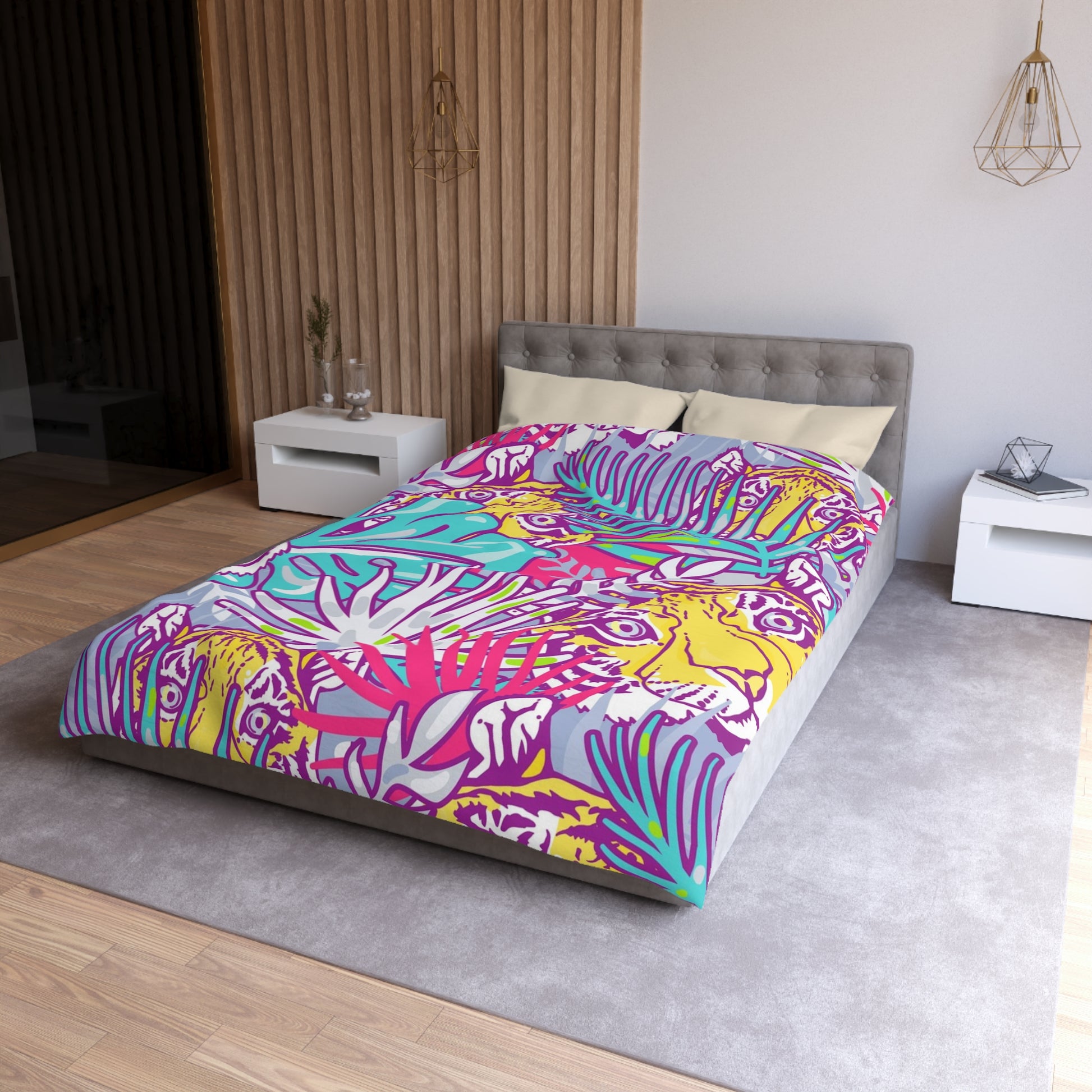 Tropical Floral Tigers Torquise and Purple Microfiber Duvet Cover, Artsulli - Art is Long, Life is Short, Home Decor, , , , , , , 