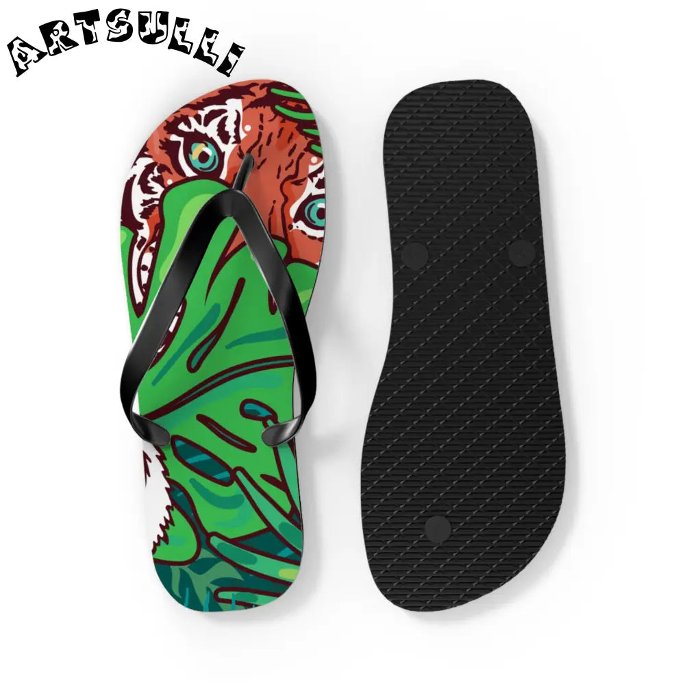 JAKKOUTTHEBXX Tropical Jungle Tigers Blue and Green Flip Flops