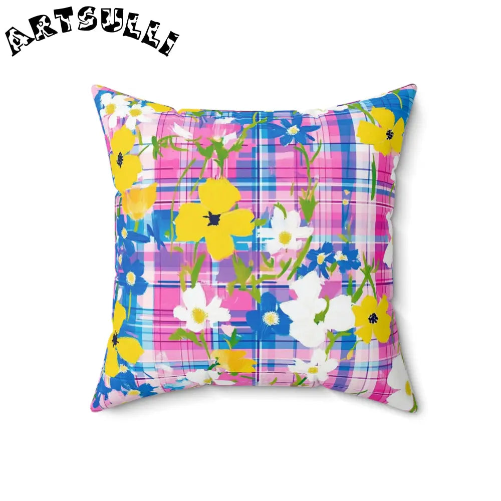 JAKKOUTTHEBXX Plaid Garden III Pink and Blue Spun Polyester Square