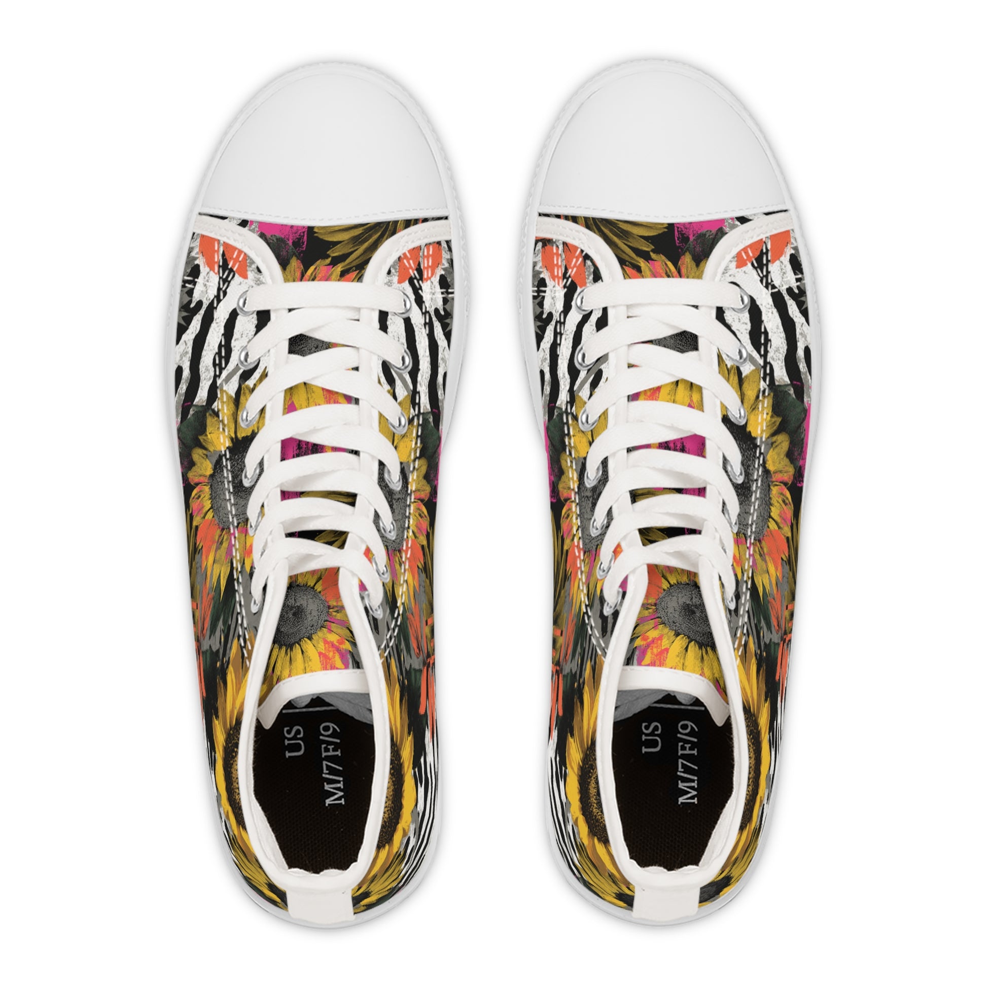 Zebra Stripes x Sunflowers Multi-Color Women's High Top Sneakers, Artsulli - Art is Long, Life is Short, Shoes, , , , , , , 